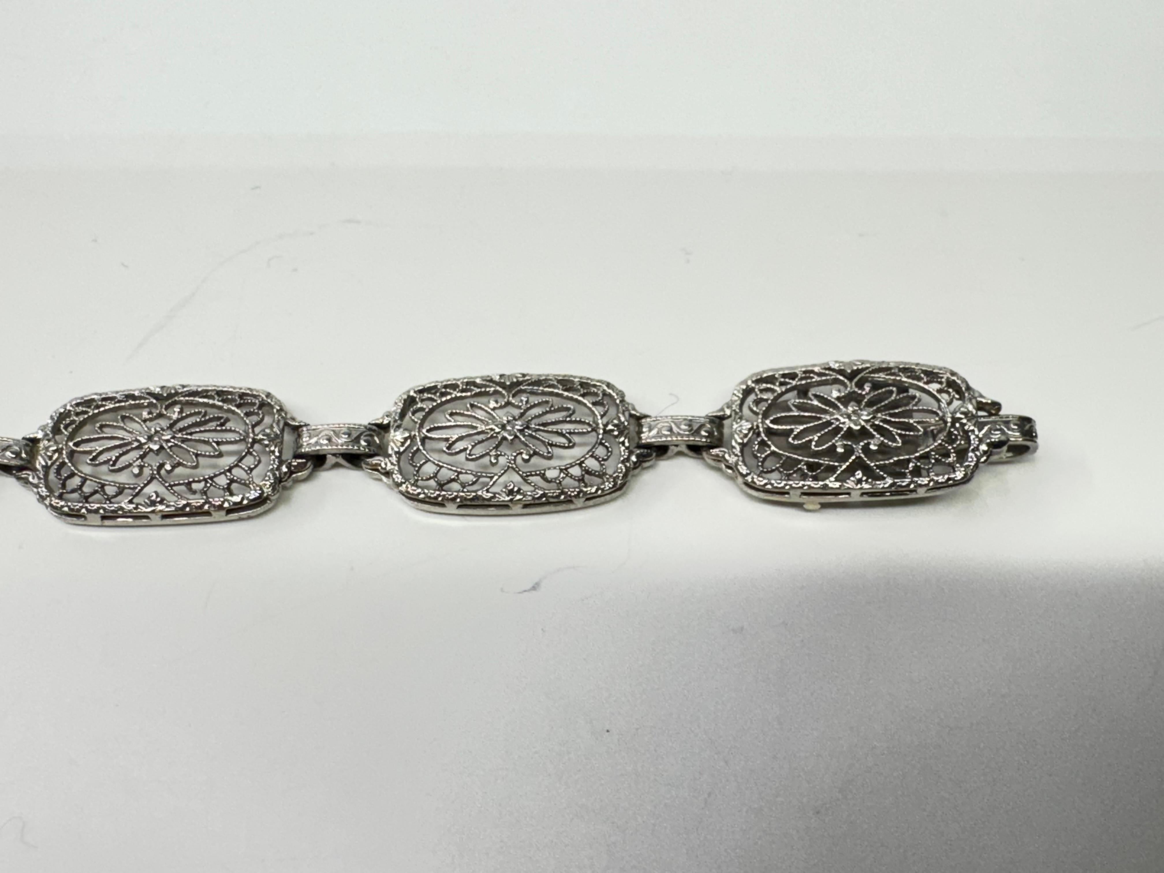Women's or Men's Antique Camphor Glass 14k White Gold Filigree Panel Bracelet For Sale