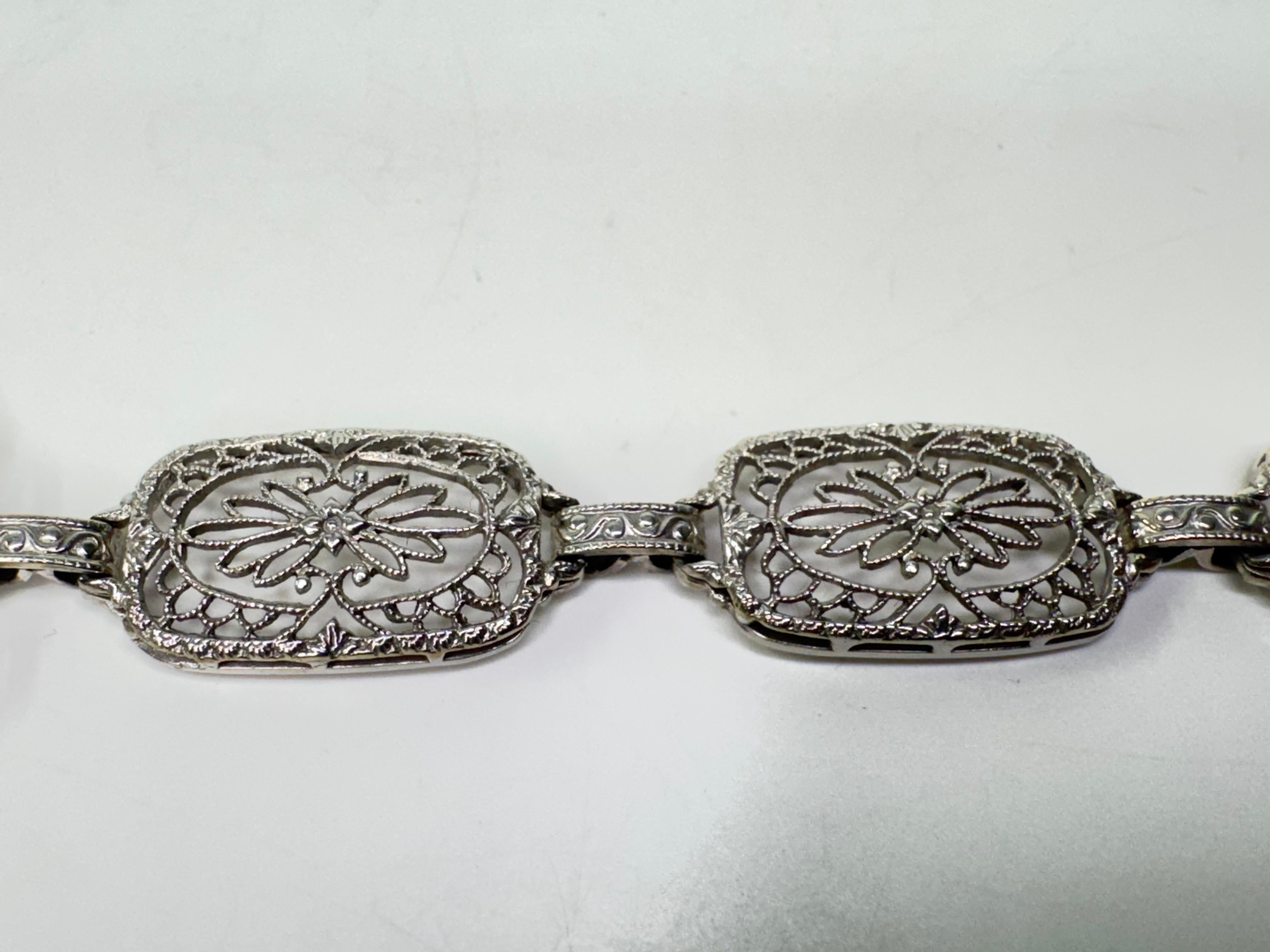 Antique Camphor Glass 14k White Gold Filigree Panel Bracelet For Sale 1