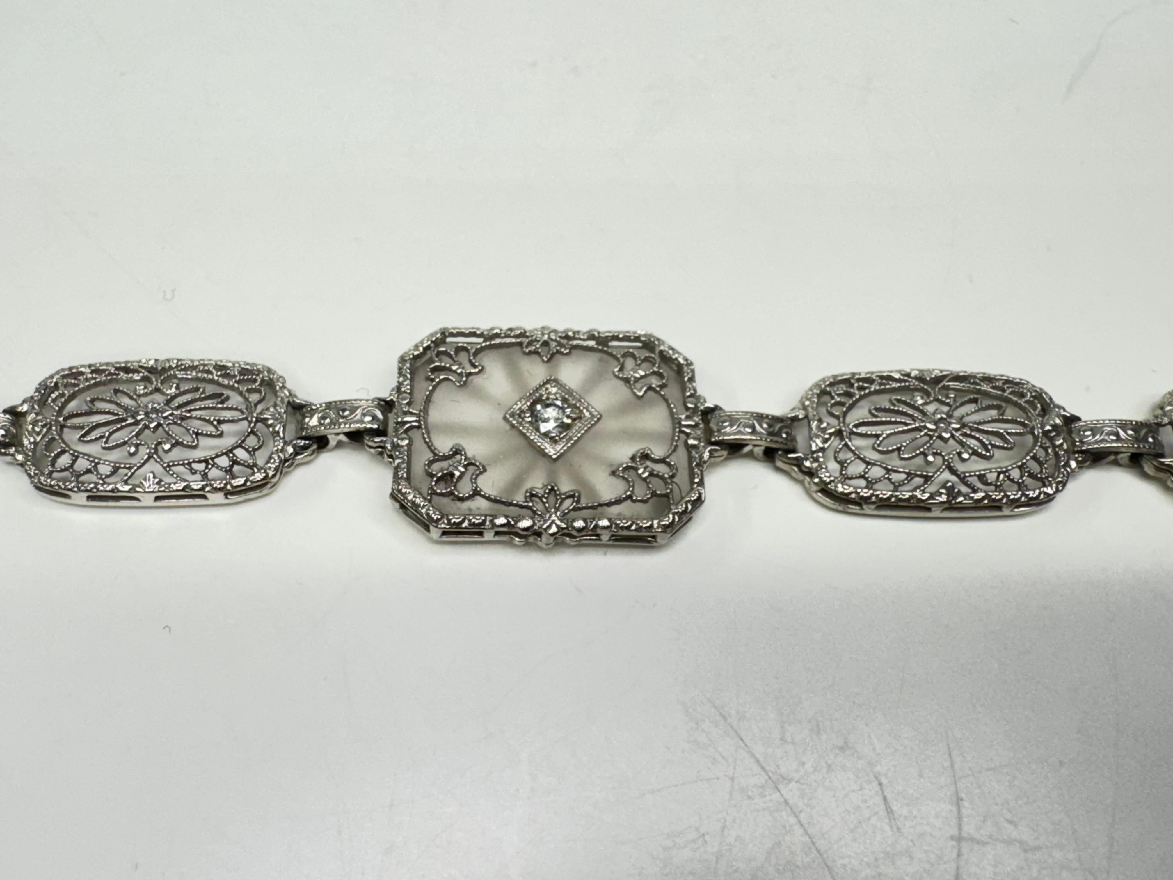 Antique Camphor Glass 14k White Gold Filigree Panel Bracelet For Sale 2