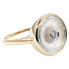 Anello antico in vetro canforato e diamanti taglio europeo 14K