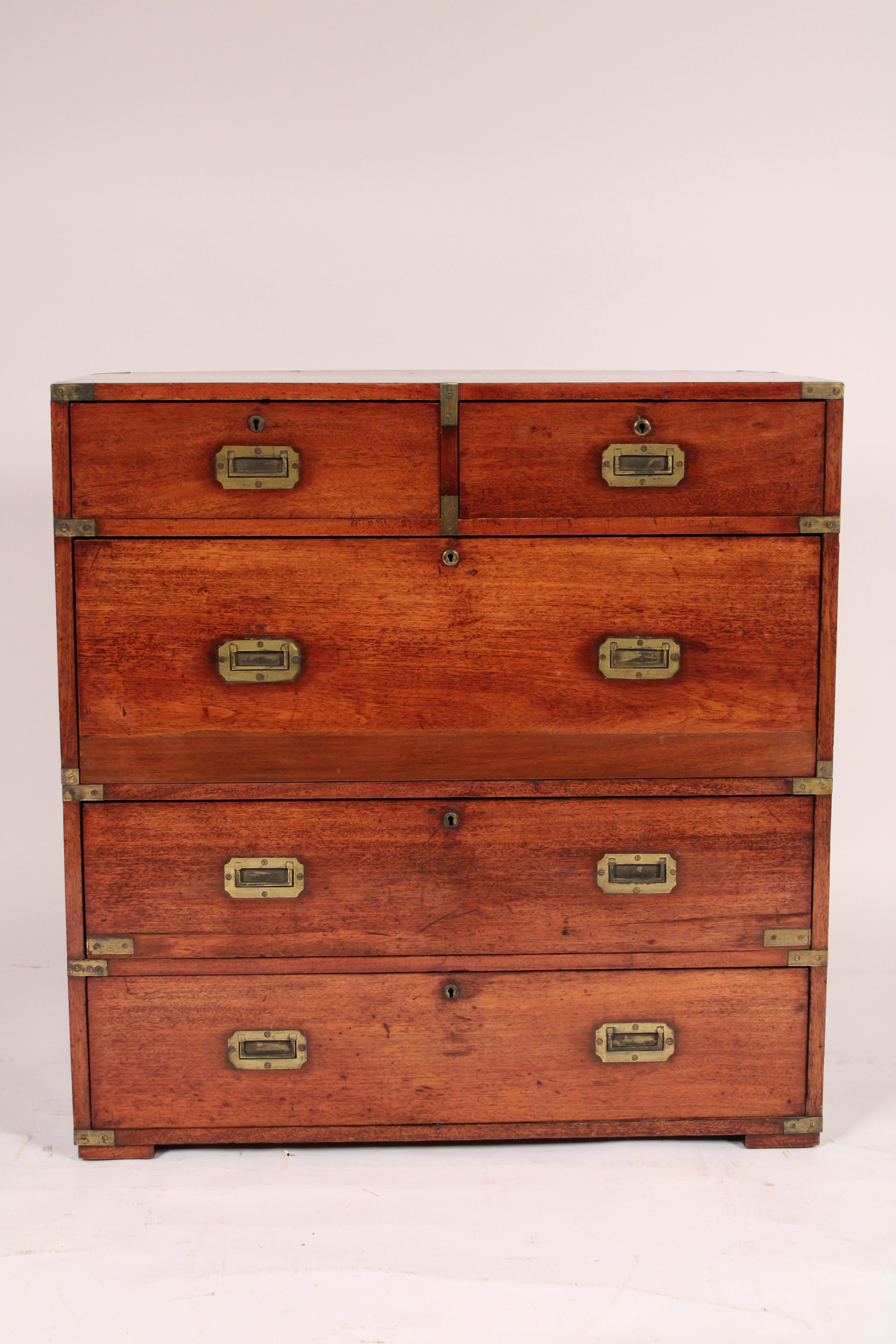 Antique Camphor Wood two part Campaign Chest, circa 1890. With a rectangular top, two upper drawers and 3 lower drawers, all with original brass campaign hardware. Hand dove tailed drawer construction. The camphor wood has a nice old patina.