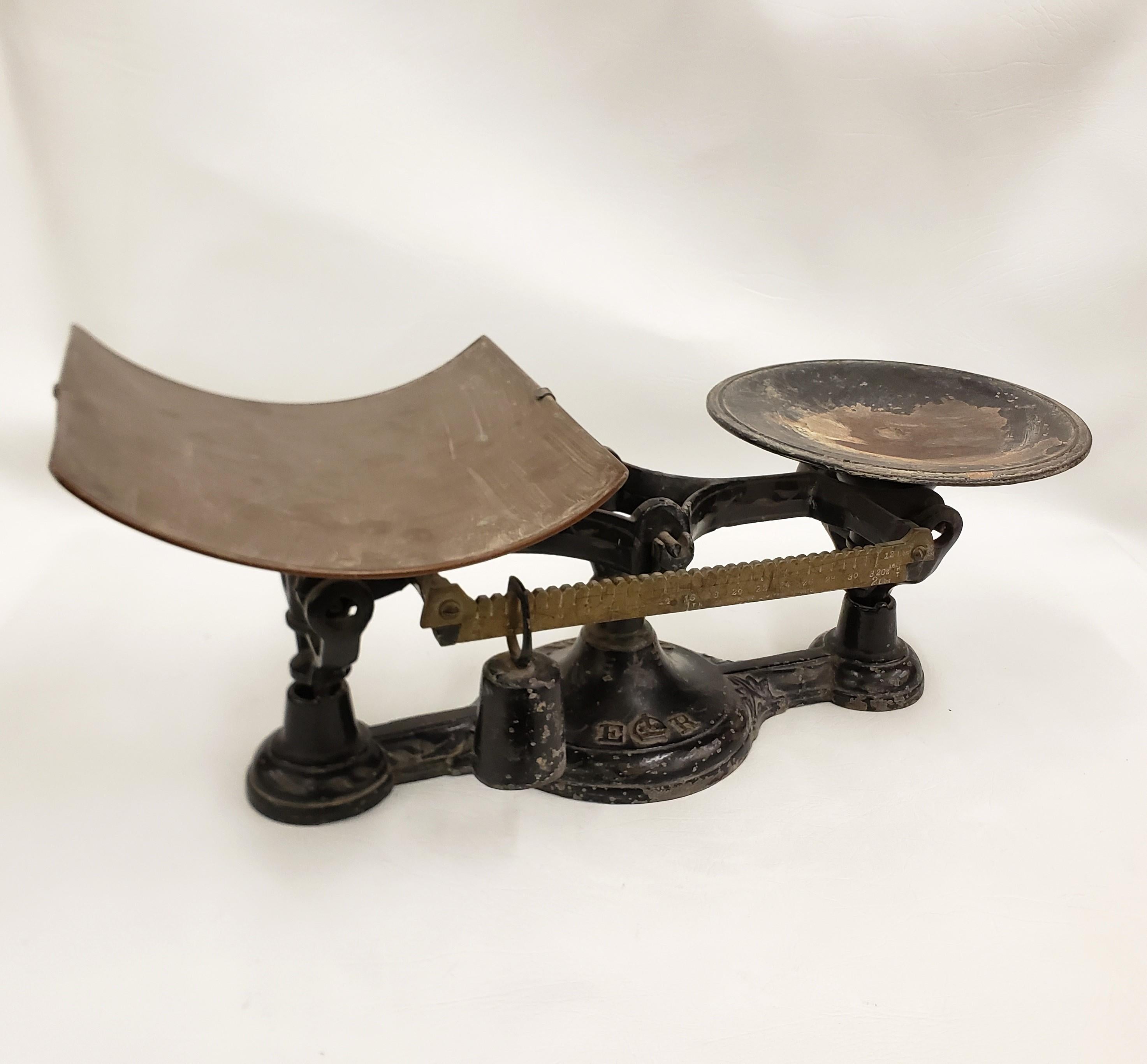 Canadian Antique Canada Post Office Balance Scale with Cast Metal Base and Brass Accents For Sale