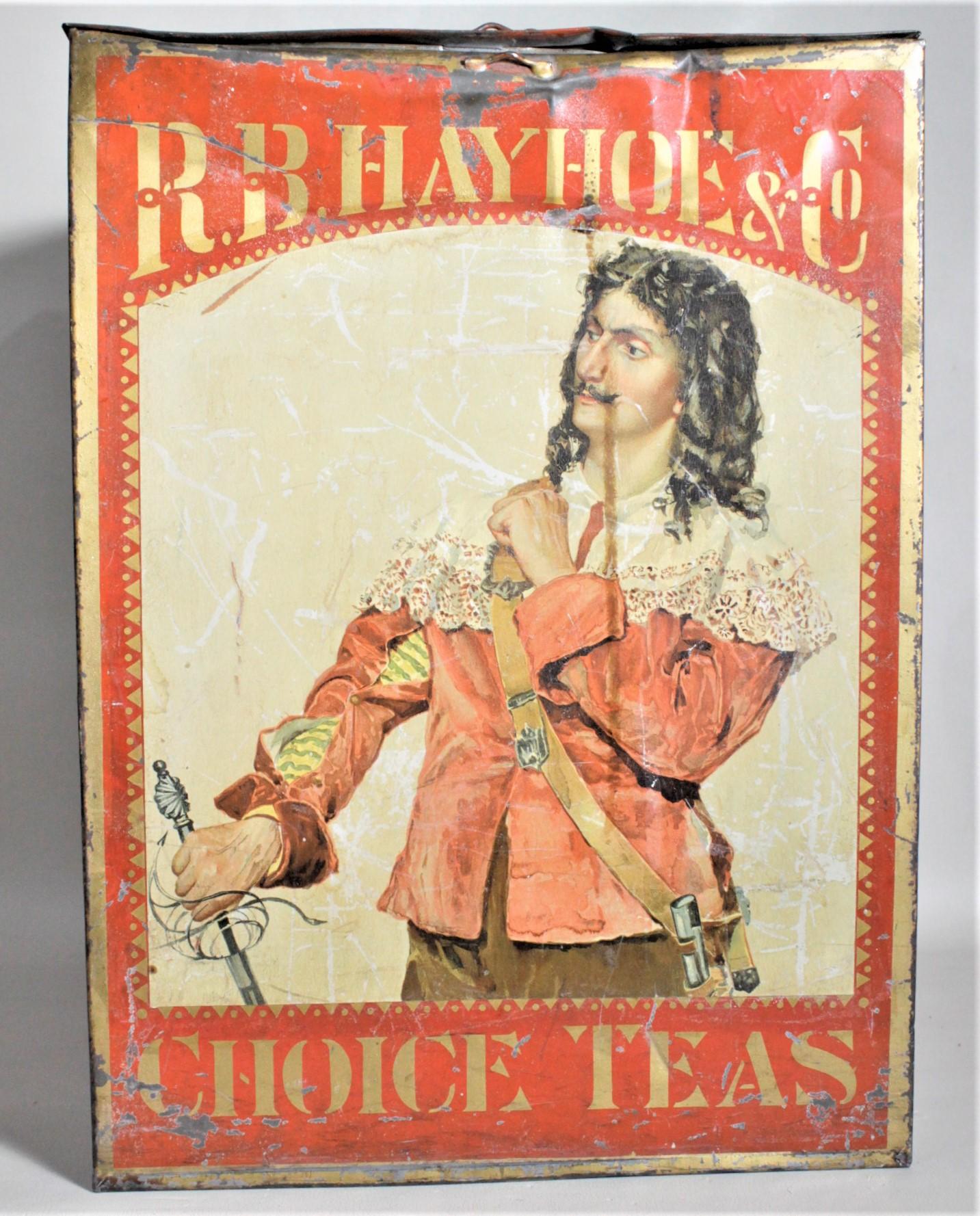 This antique general store advertising store display tin for the R.B. Hay Hoe & Co. tea is presumed to have been made in Canada in approximately 1880 in the period Victorian style. The tin advertises Tea which the Hay Hoe company imported, and the