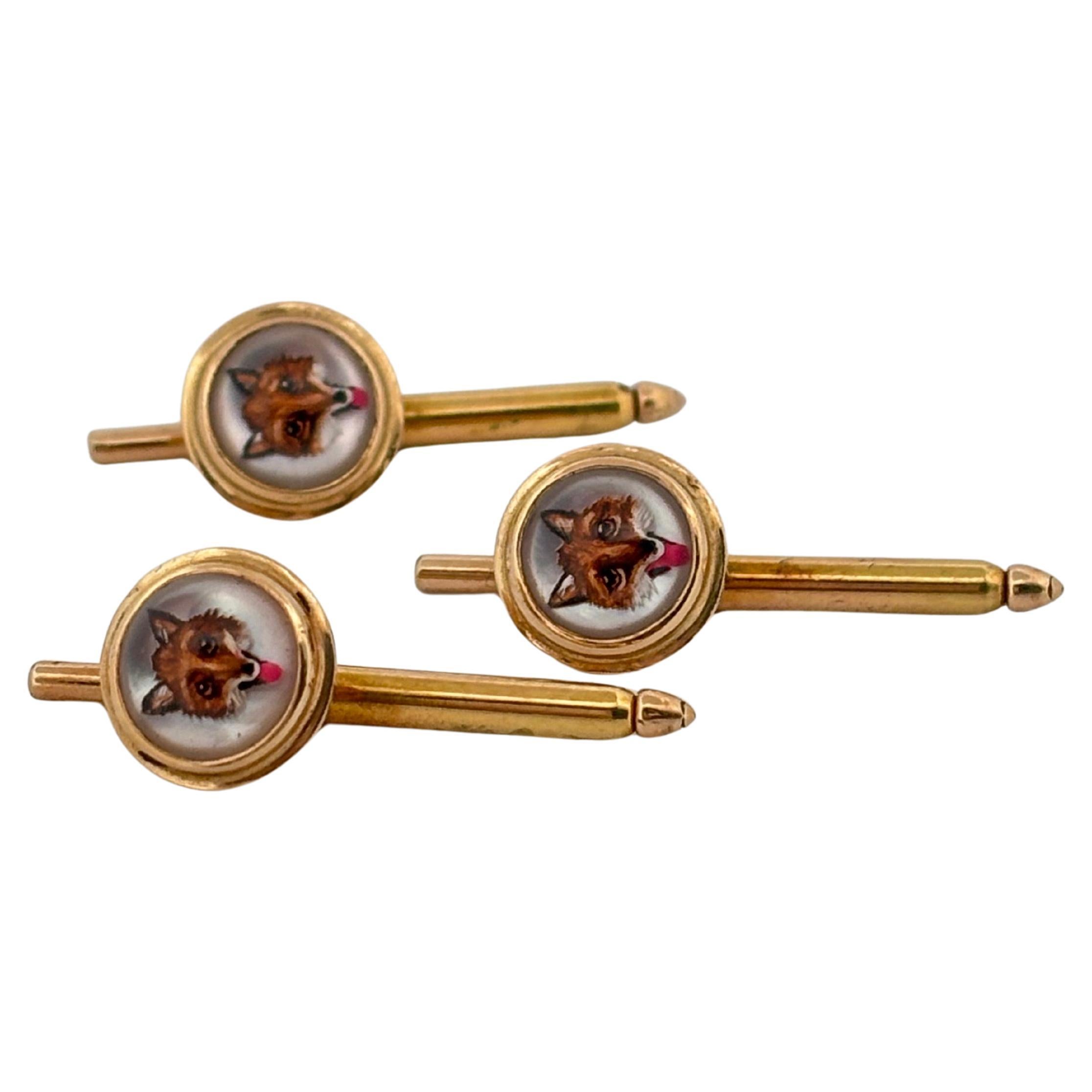 Art Deco Antique Canadian Set Of Three 14K Yellow Gold Reverse Painted Fox Buttons For Sale