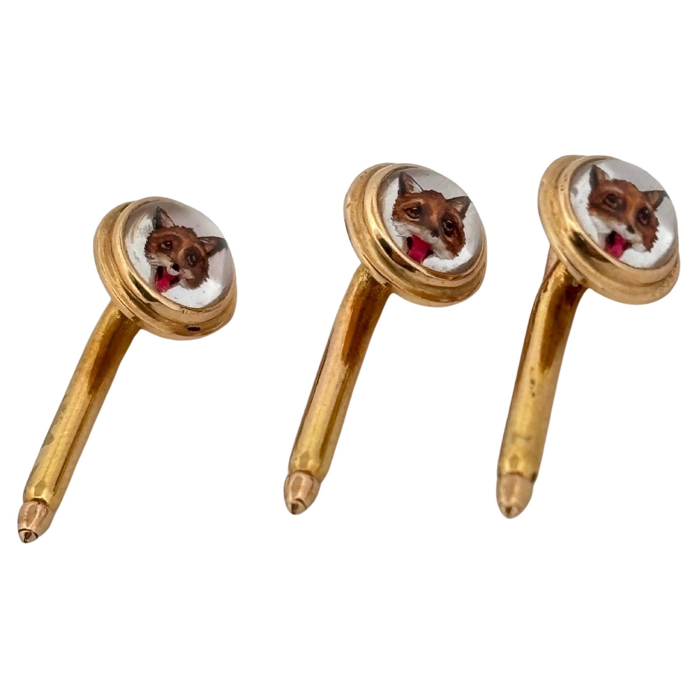 Women's or Men's Antique Canadian Set Of Three 14K Yellow Gold Reverse Painted Fox Buttons For Sale