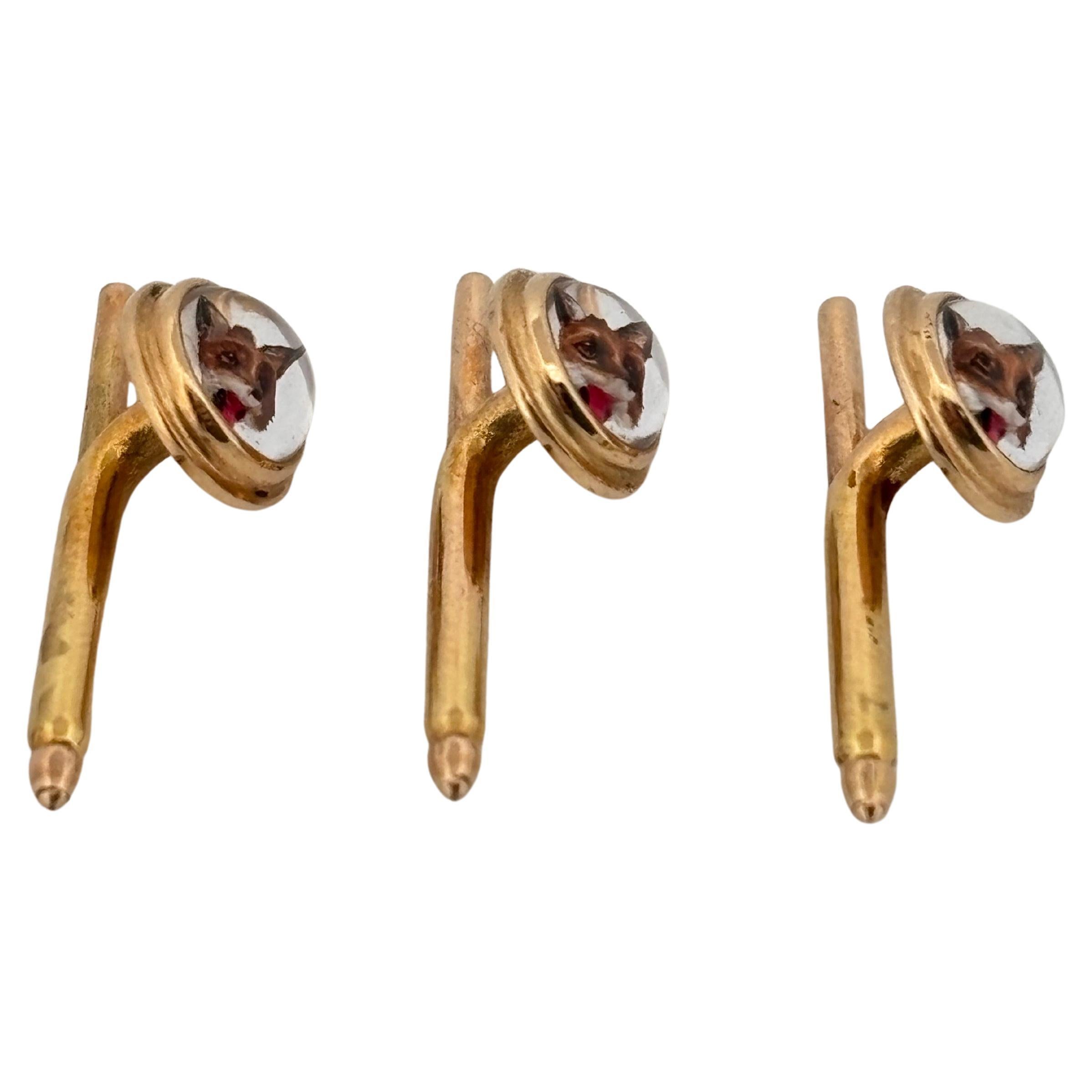 Antique Canadian Set Of Three 14K Yellow Gold Reverse Painted Fox Buttons For Sale 1