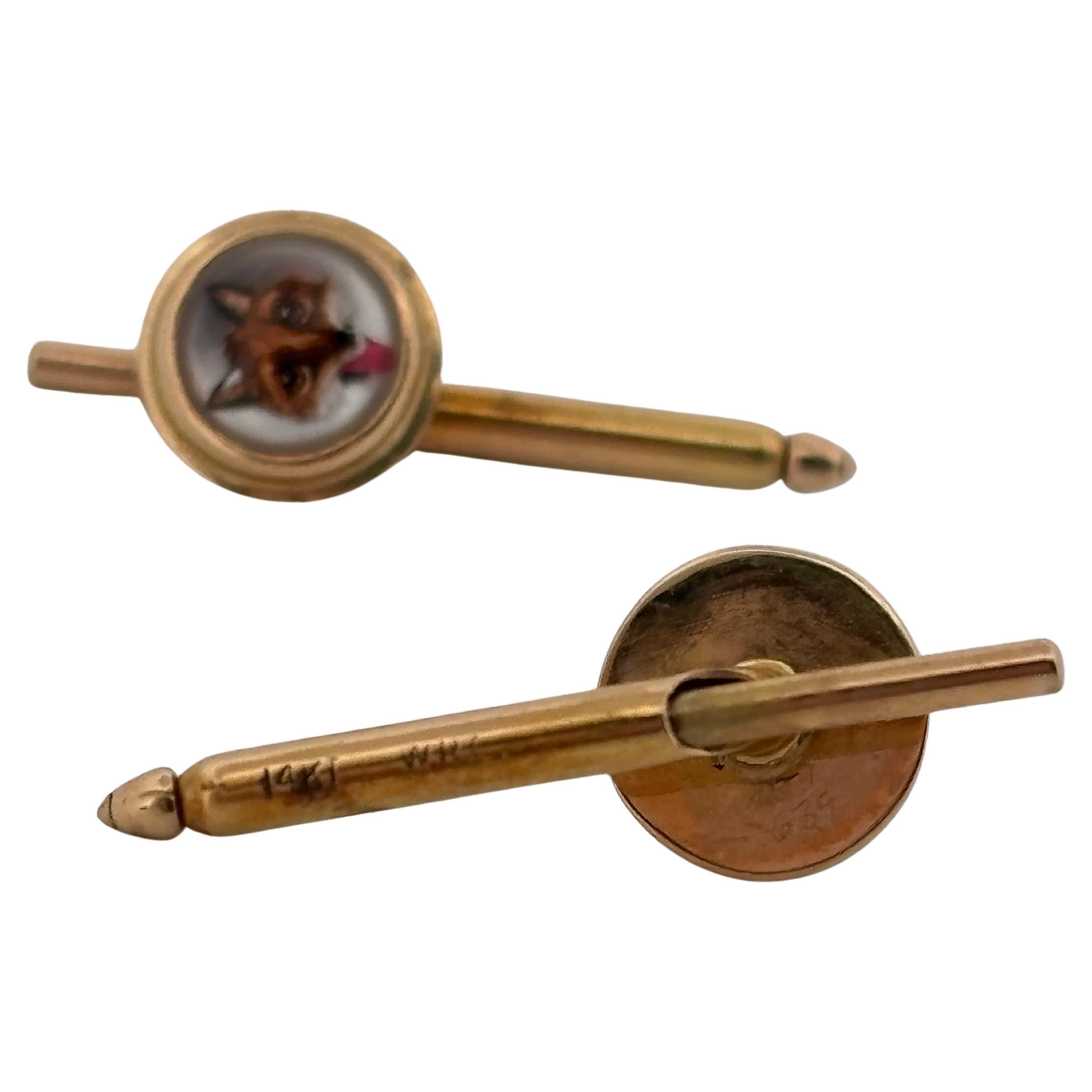 Antique Canadian Set Of Three 14K Yellow Gold Reverse Painted Fox Buttons For Sale 3