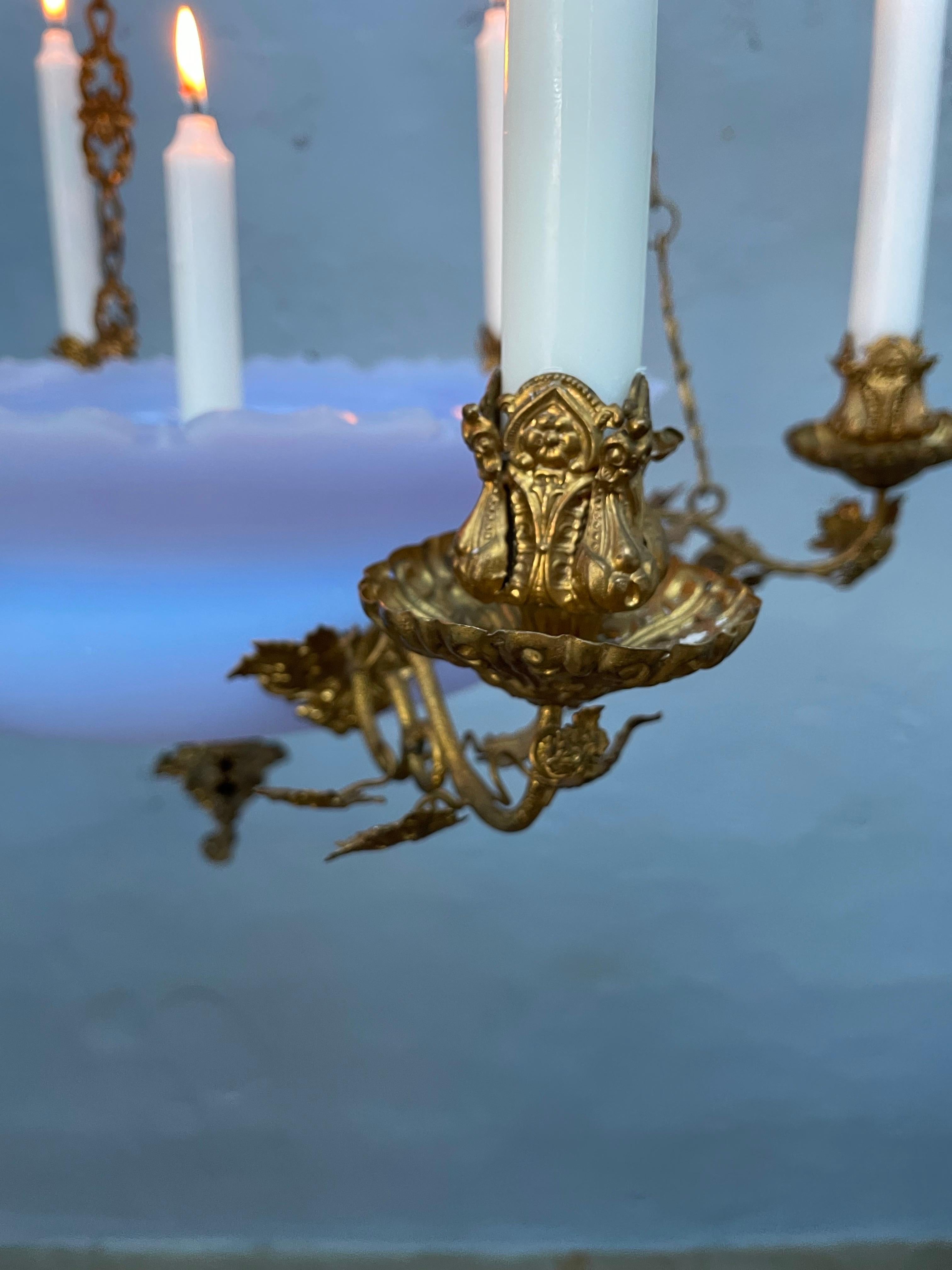 Antique Candelabra In Blue Glass And With Brass Fittings From The 1800s For Sale 9
