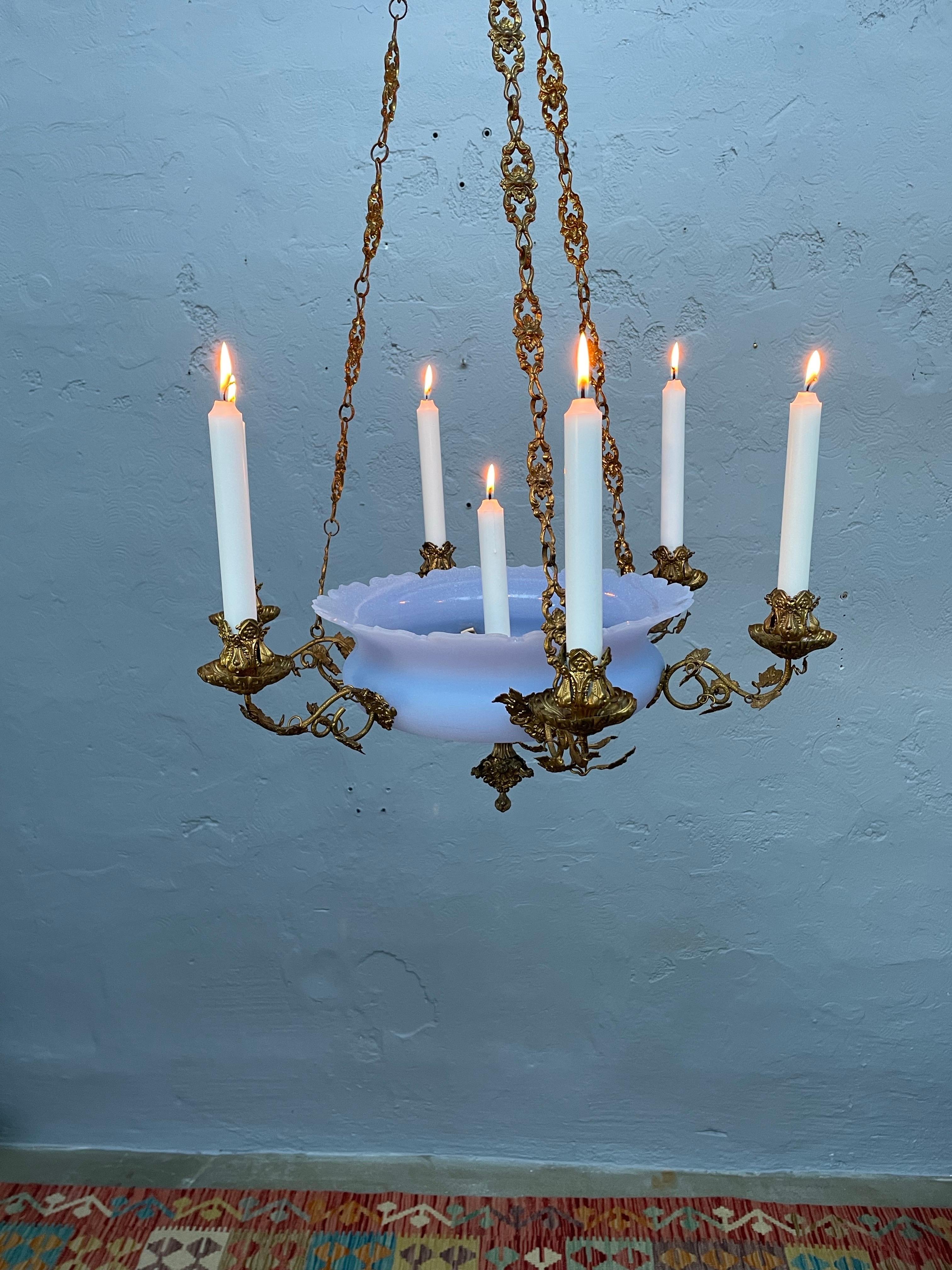French Antique Candelabra In Blue Glass And With Brass Fittings From The 1800s For Sale