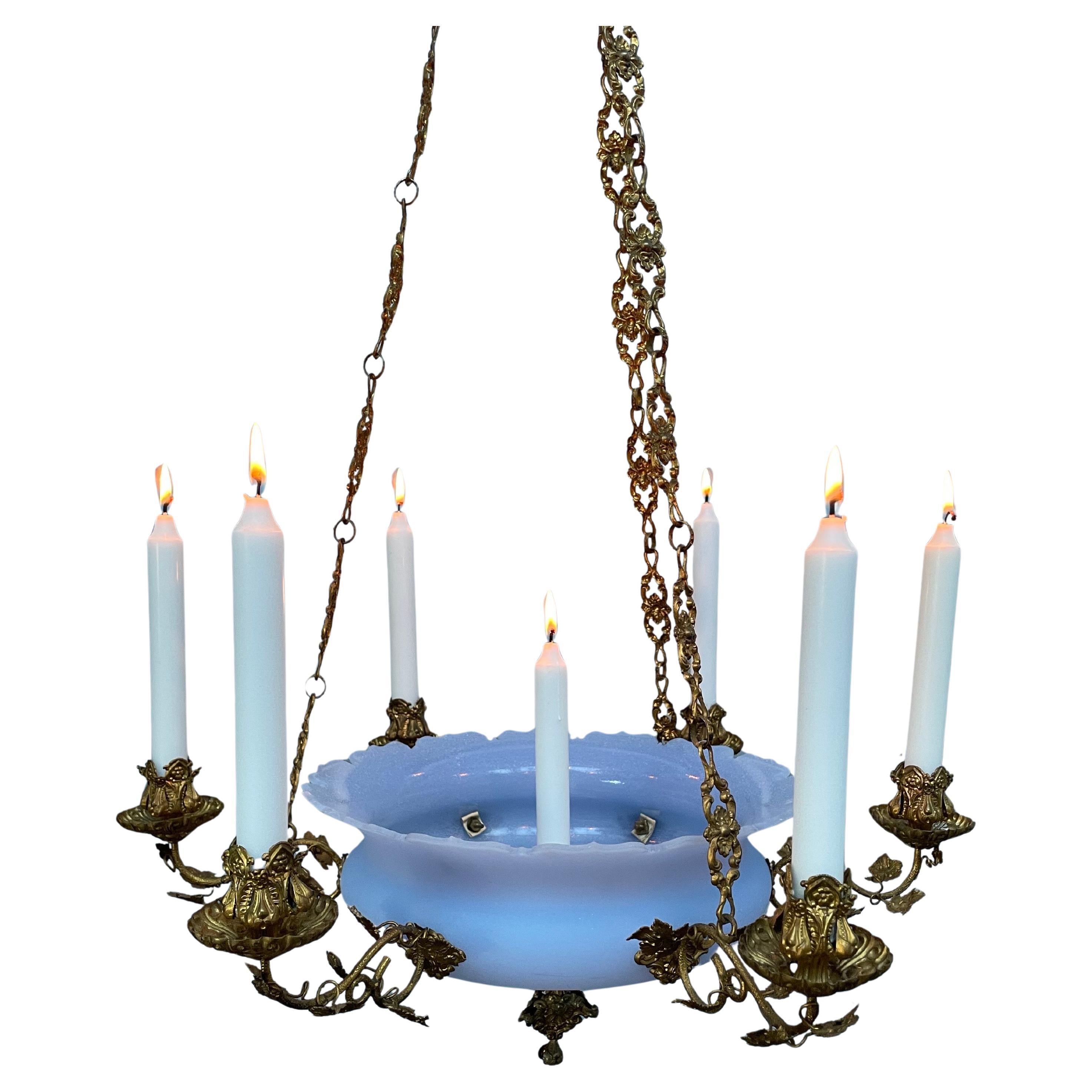 Antique Candelabra In Blue Glass And With Brass Fittings From The 1800s For Sale
