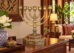 Antique Candelabras Brutalist Menorah Jewish Judaica Golden Candle Holders Brass