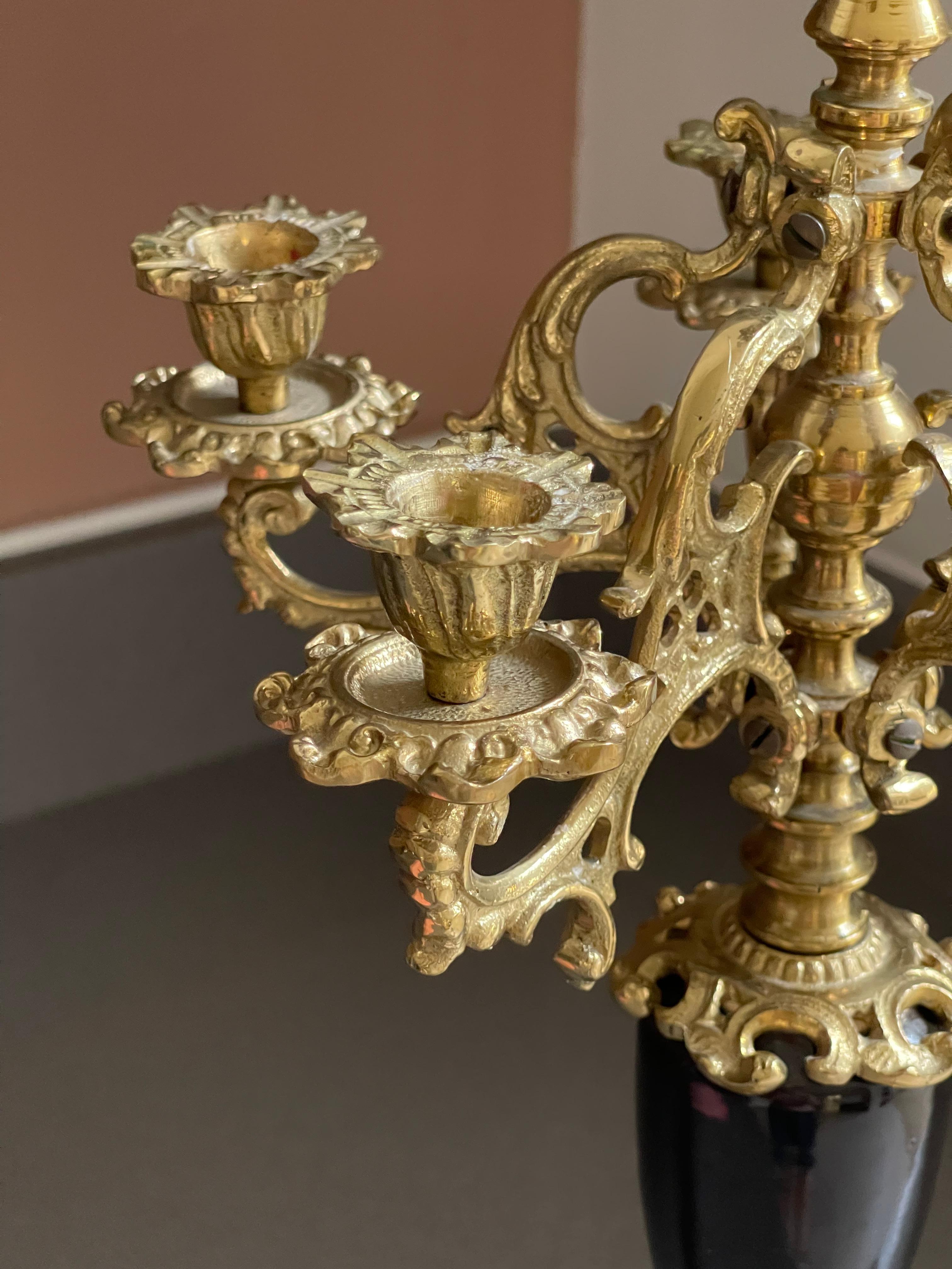 Antique Candle Holder Golden Brass and Marble Rococo Decorative Candlesticks For Sale 4