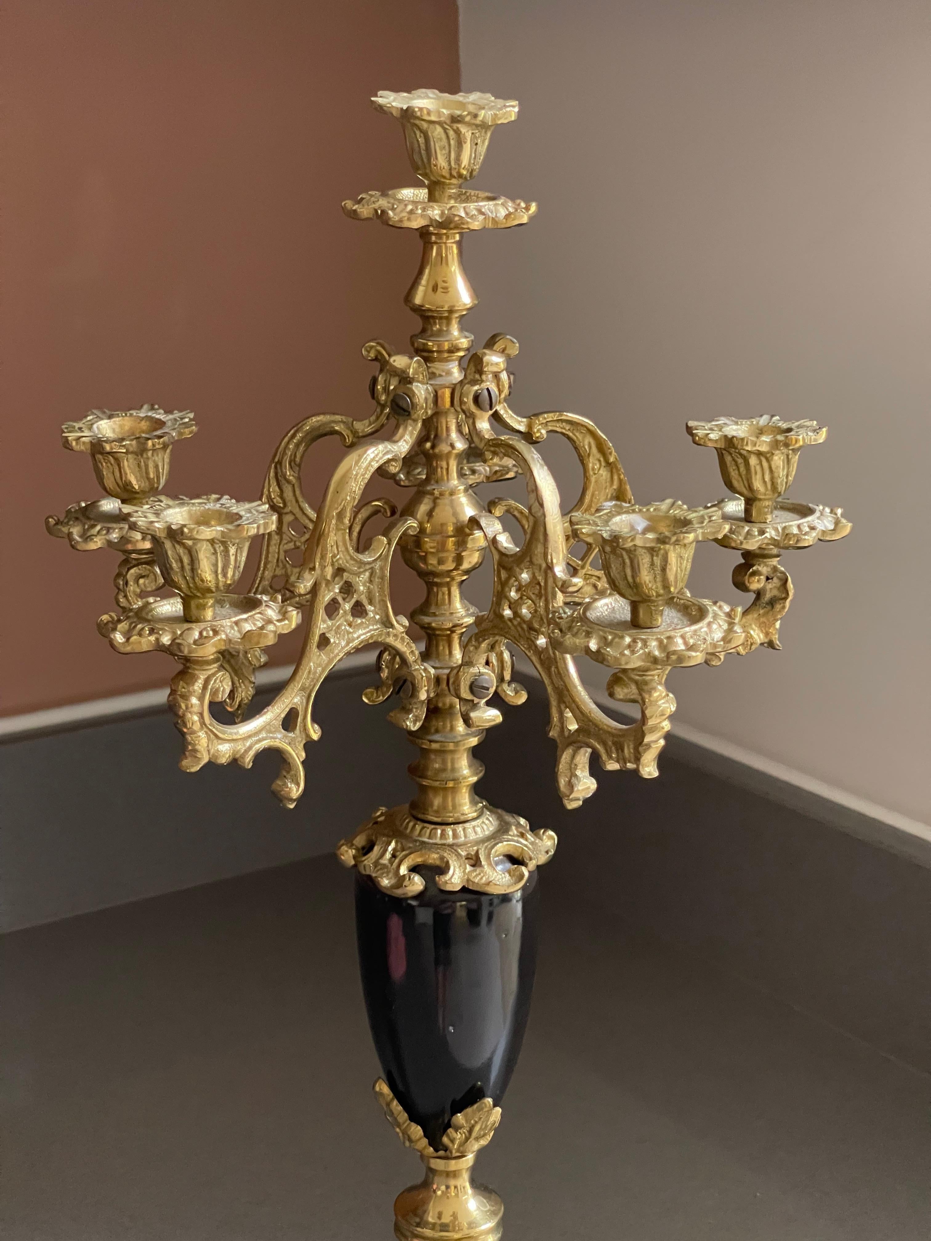 Antique Candle Holder Golden Brass and Marble Rococo Decorative Candlesticks For Sale 7