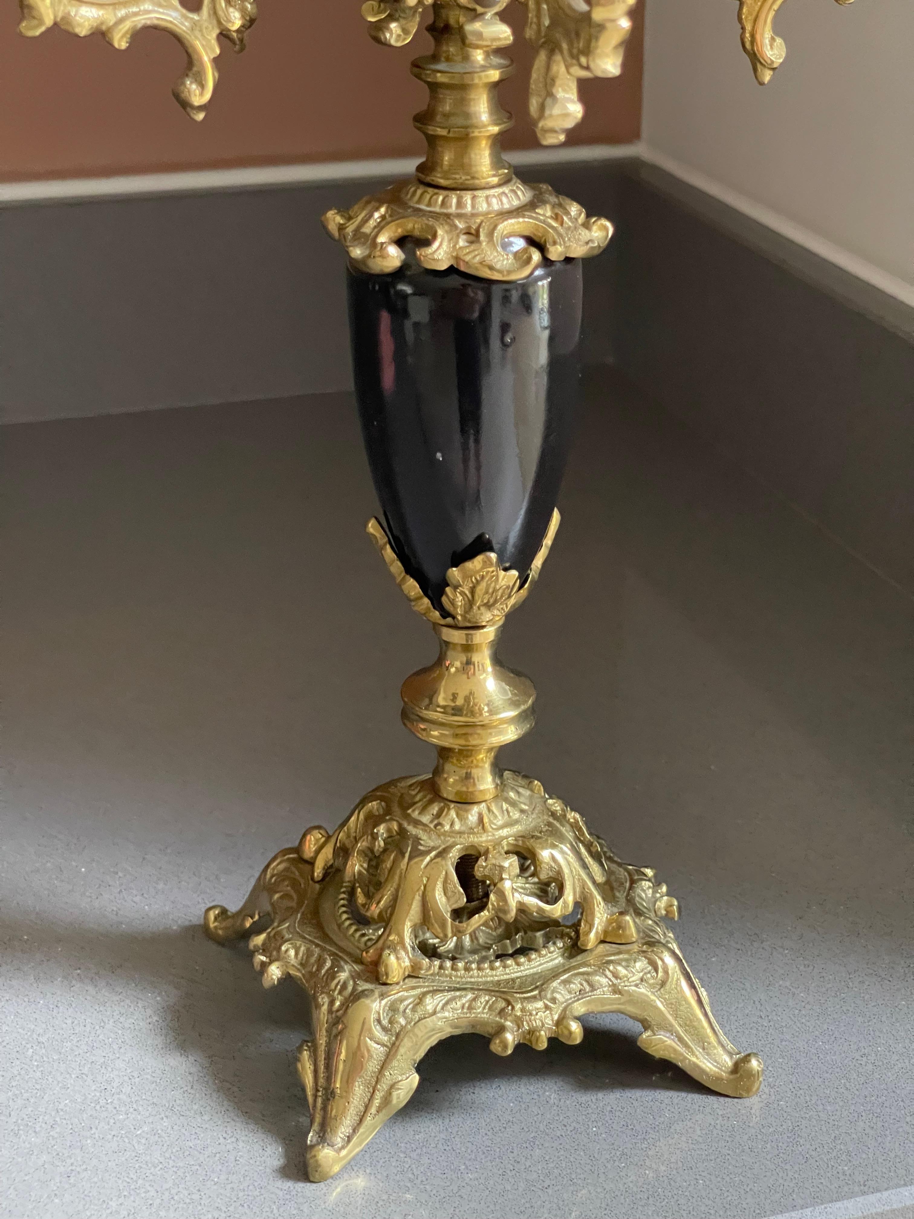 Antique Candle Holder Golden Brass and Marble Rococo Decorative Candlesticks For Sale 8