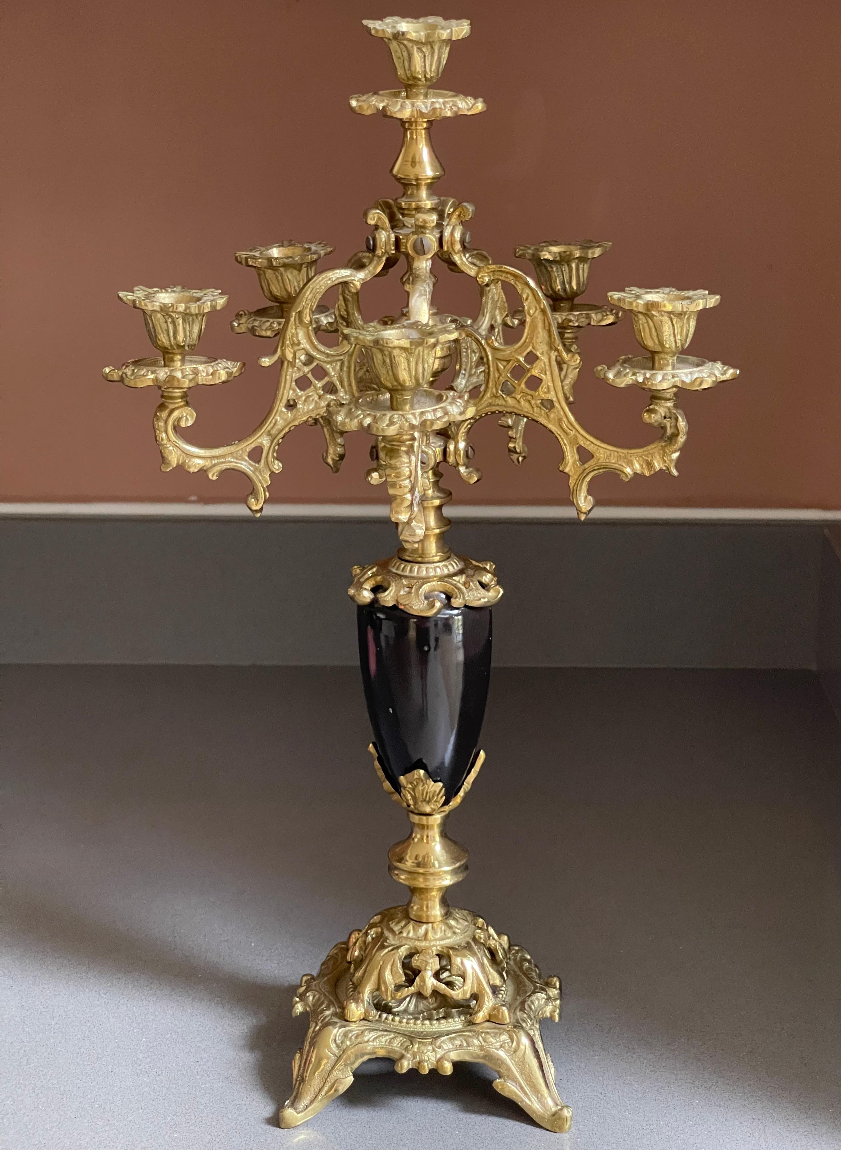 Antique Candle Holder Golden Brass and Marble Rococo Decorative Candlesticks For Sale 9