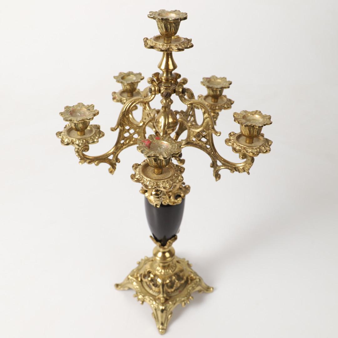 Rococo Revival Antique Candle Holder Golden Brass and Marble Rococo Decorative Candlesticks For Sale