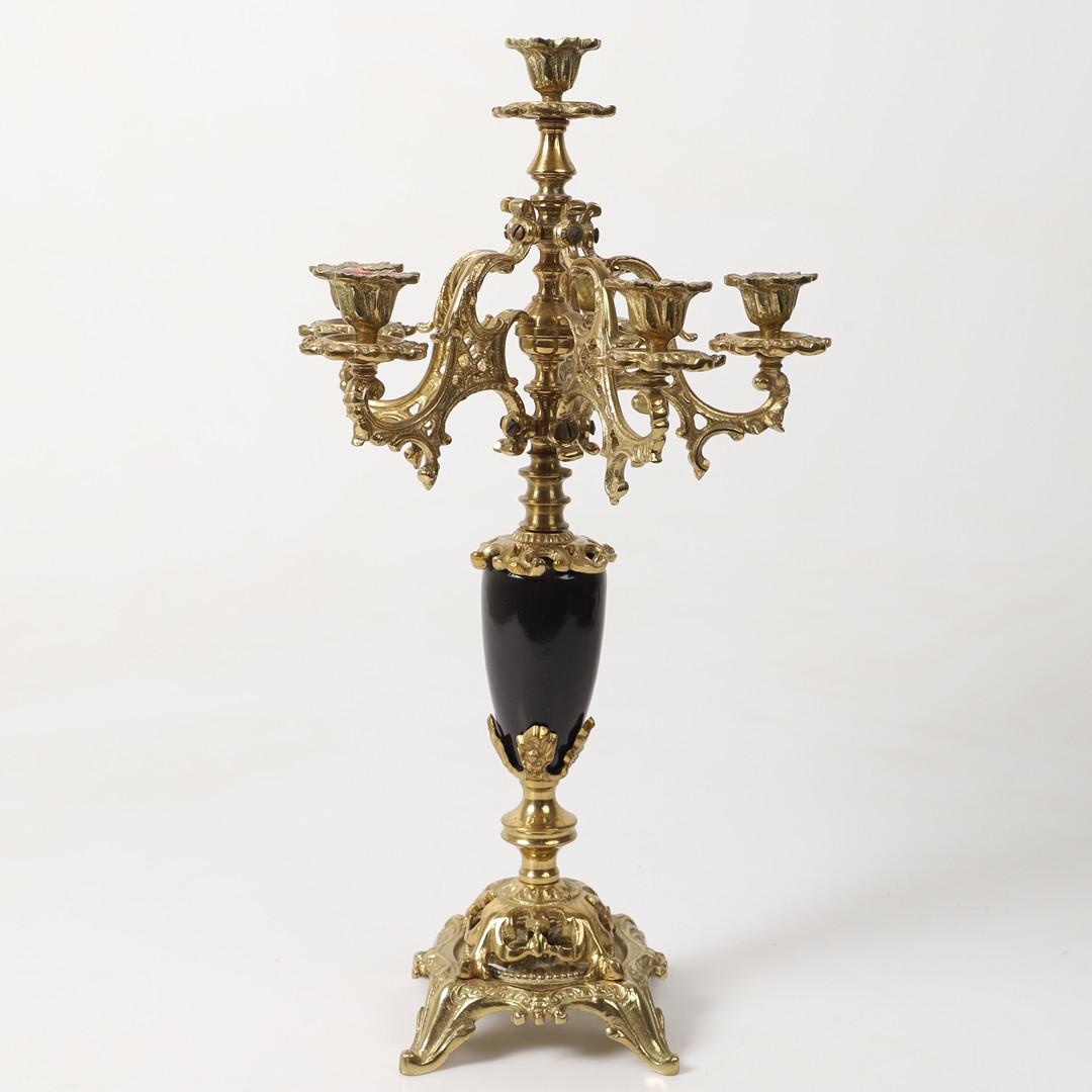 Carved Antique Candle Holder Golden Brass and Marble Rococo Decorative Candlesticks For Sale