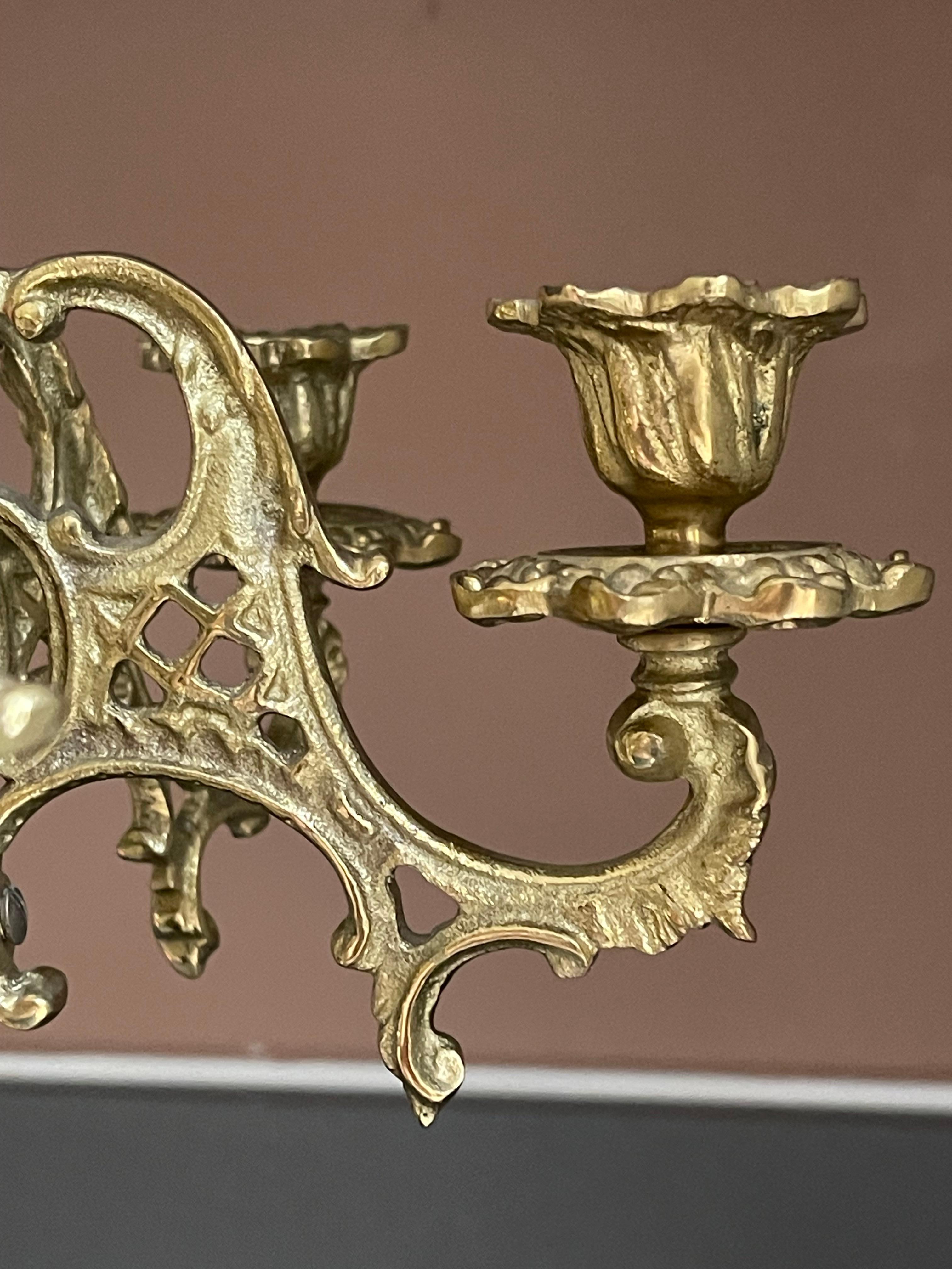 Antique Candle Holder Golden Brass and Marble Rococo Decorative Candlesticks In Excellent Condition For Sale In Wembley, GB