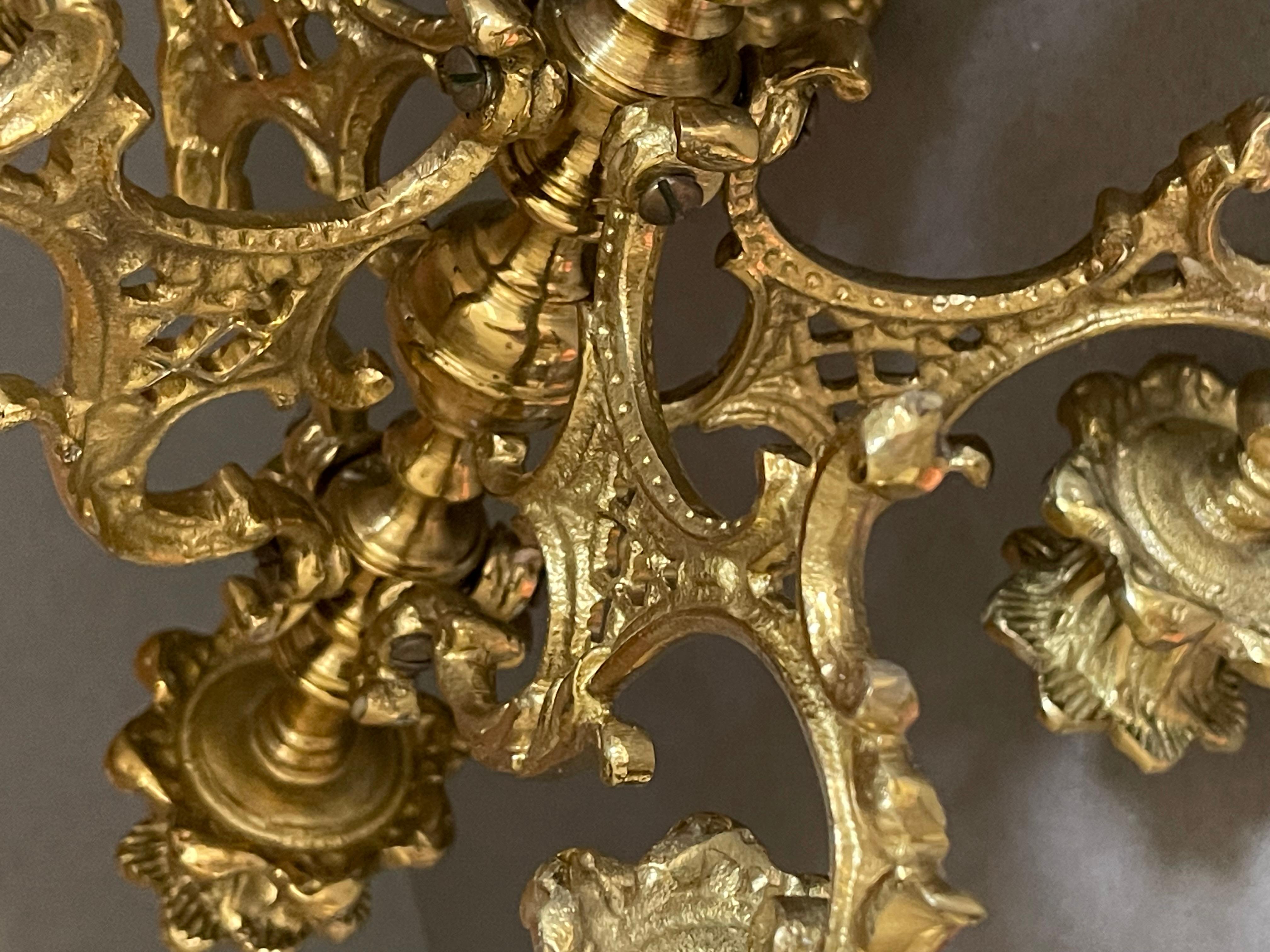 Mid-20th Century Antique Candle Holder Golden Brass and Marble Rococo Decorative Candlesticks For Sale