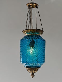 Antique candle lantern in blue glass and brass, electrified, Austria 1890s