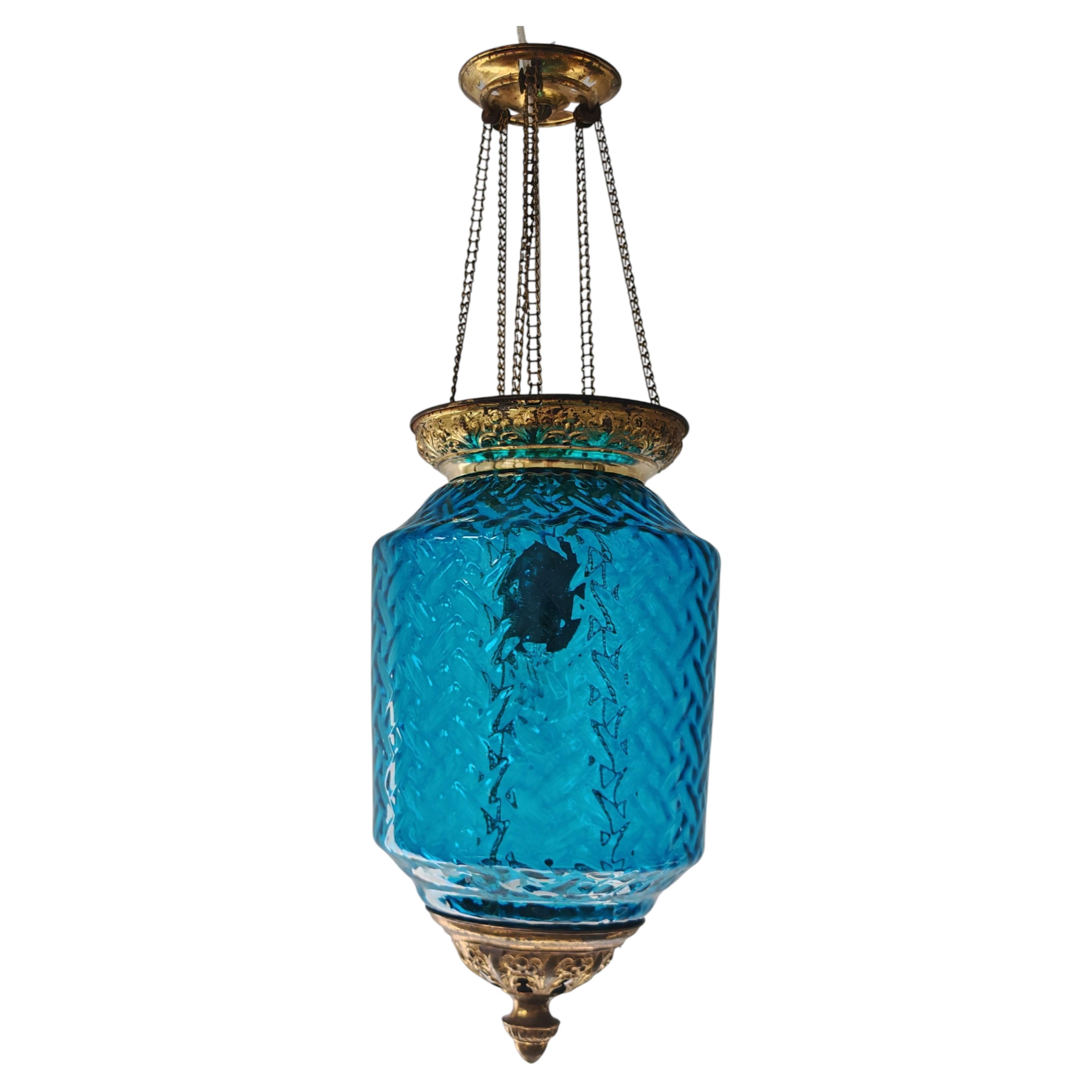 Antique candle lantern in blue glass and brass, electrified, Austria 1890s