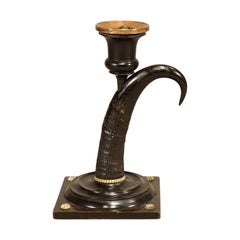 Antique Candle Stick With Real Chamois Horn, 19th Century