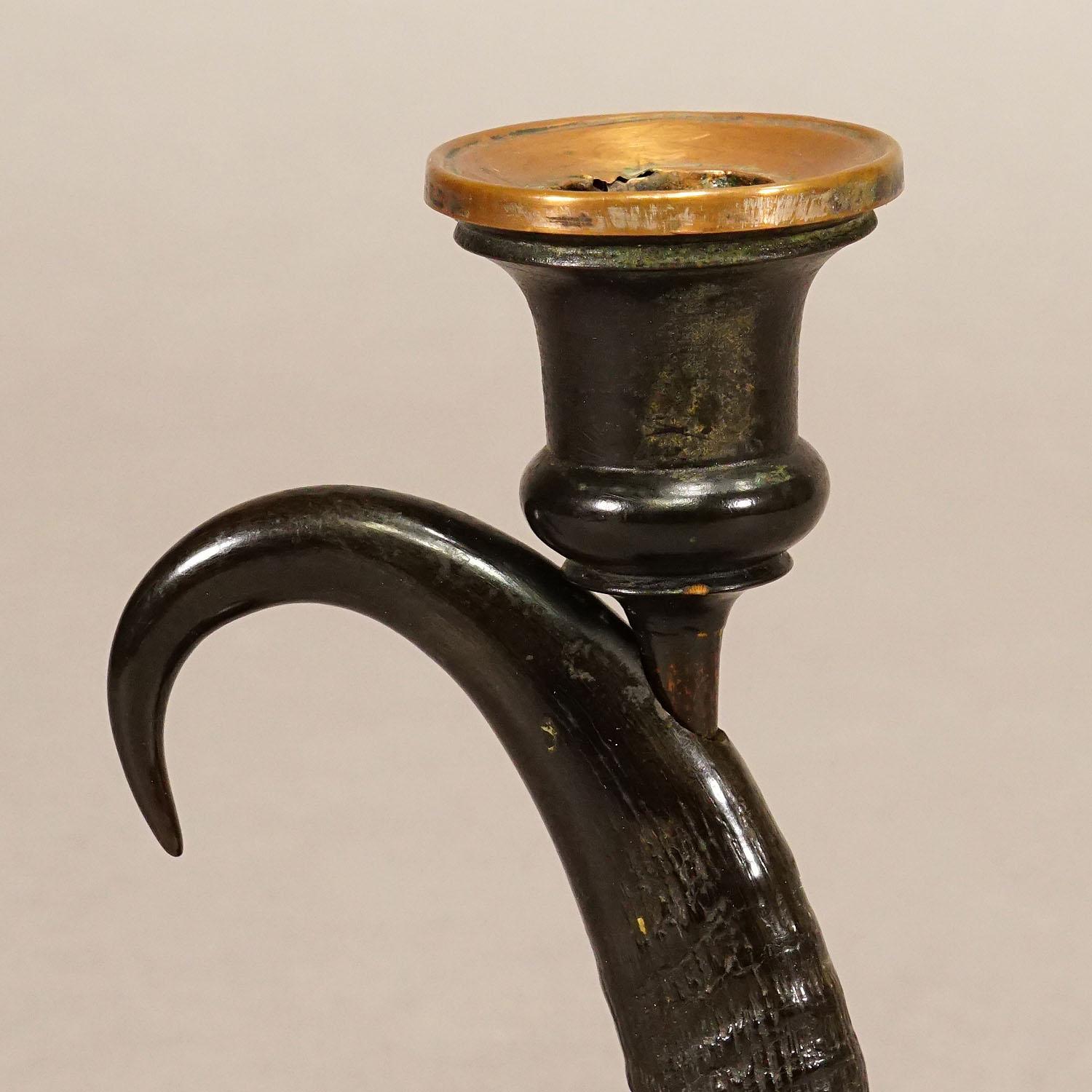 Antler Antique Candle Stick With Real Chamois Horn, 19th Century For Sale