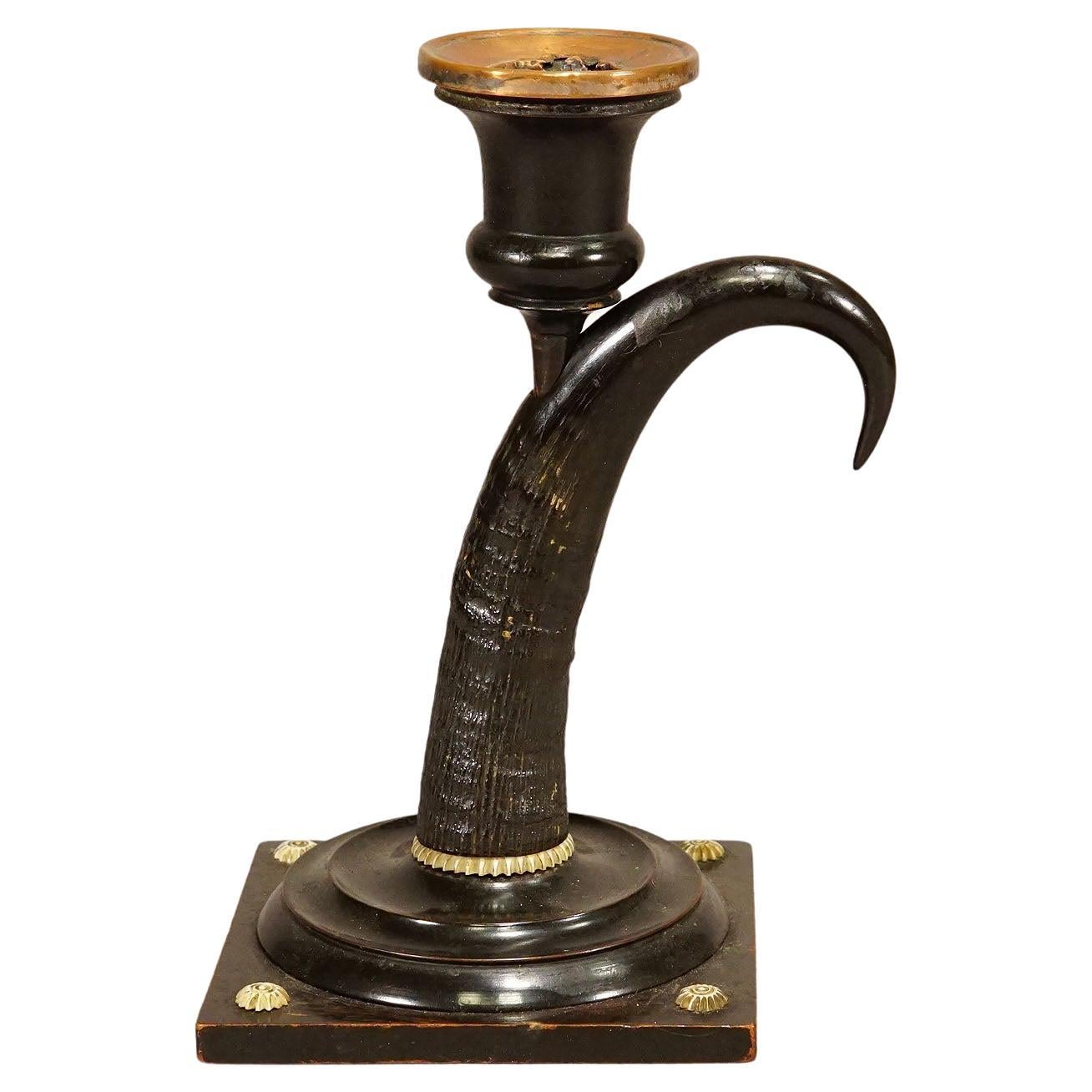 Antique Candle Stick With Real Chamois Horn, 19th Century For Sale