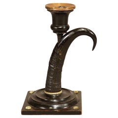 Antique Candle Stick With Real Chamois Horn, 19th Century
