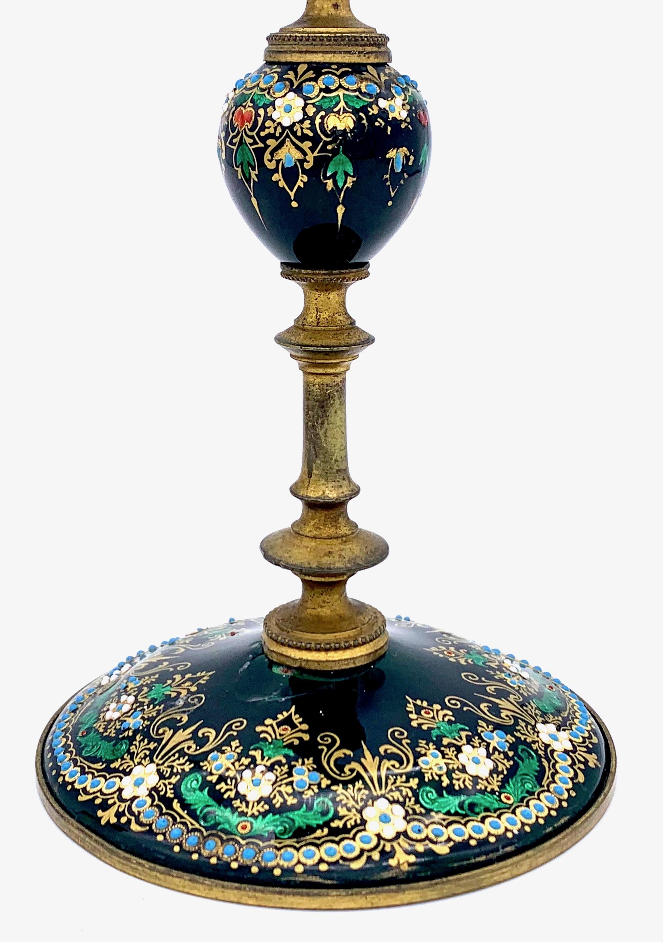Late 19th Century Antique Candle Sticks and Inkwell Émeaux de Bresse Desk Set Enamel Brass France For Sale