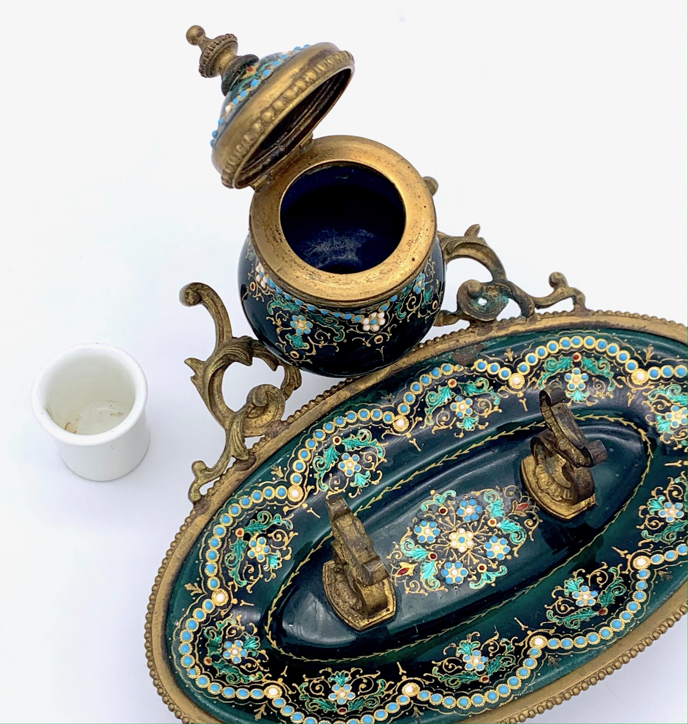 Antique Candle Sticks and Inkwell Émeaux de Bresse Desk Set Enamel Brass France For Sale 7