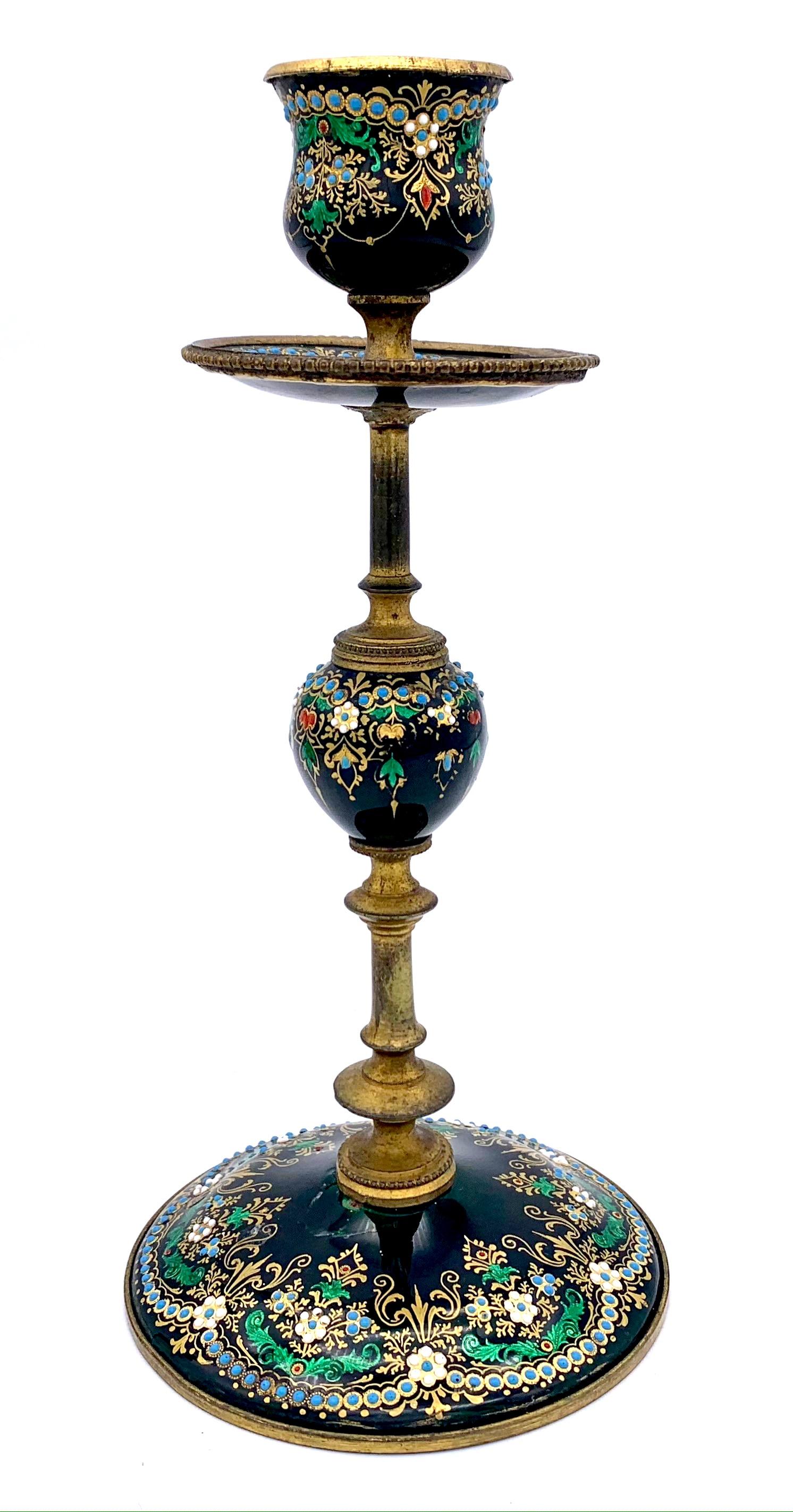 French Antique Candle Sticks and Inkwell Émeaux de Bresse Desk Set Enamel Brass France For Sale