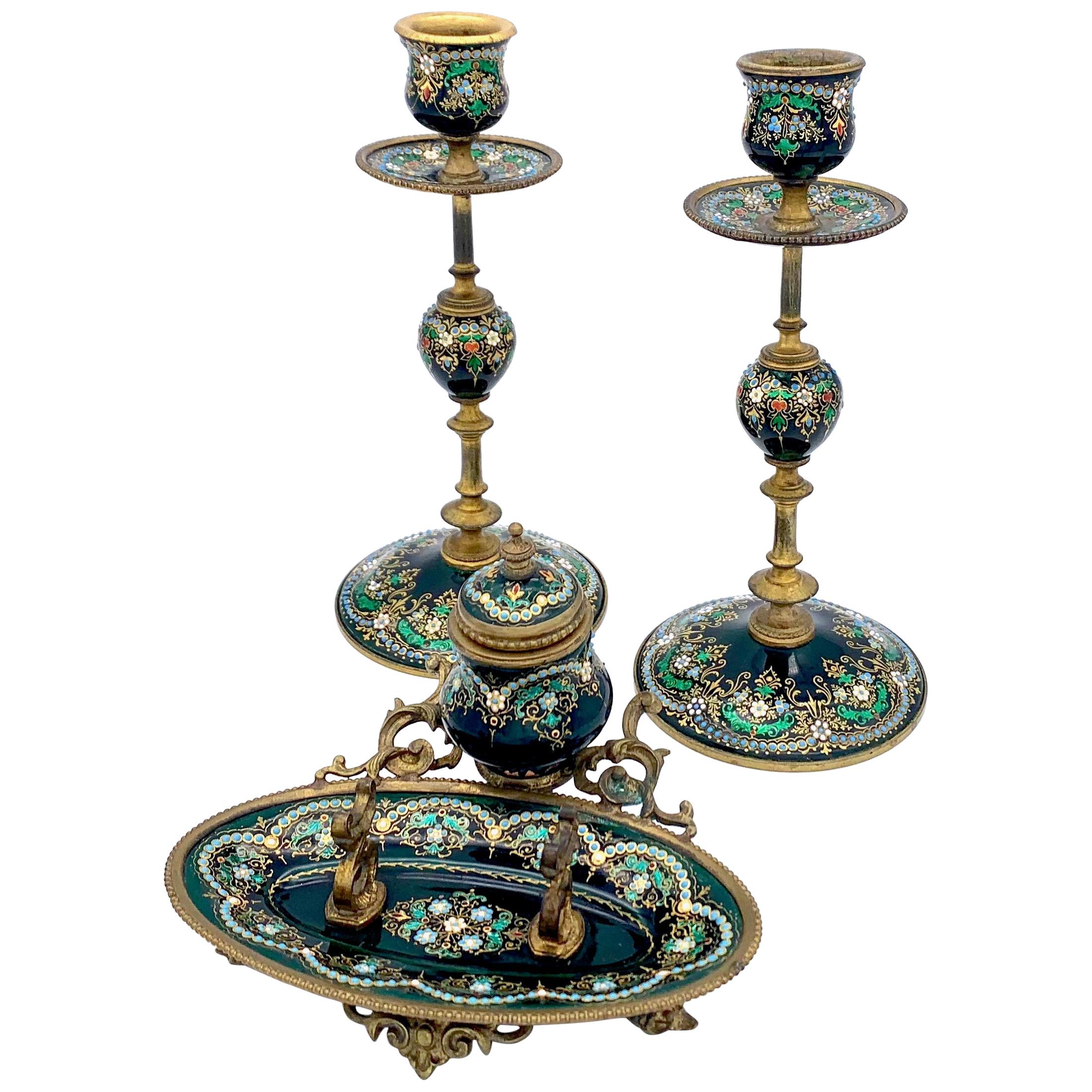 Antique Candle Sticks and Inkwell Émeaux de Bresse Desk Set Enamel Brass France For Sale