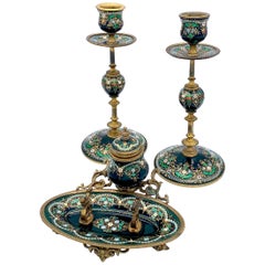 Antiguos Candelabros y Tintero Émeaux de Bresse Juego de Escritorio Latón Esmaltado Francia