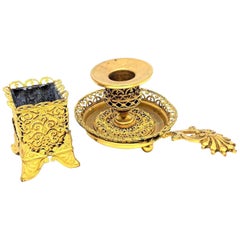 Antiker Kerzenständer und passender Ständerhalter Erhard & Sohne aus Goldbronze, 1890er Jahre