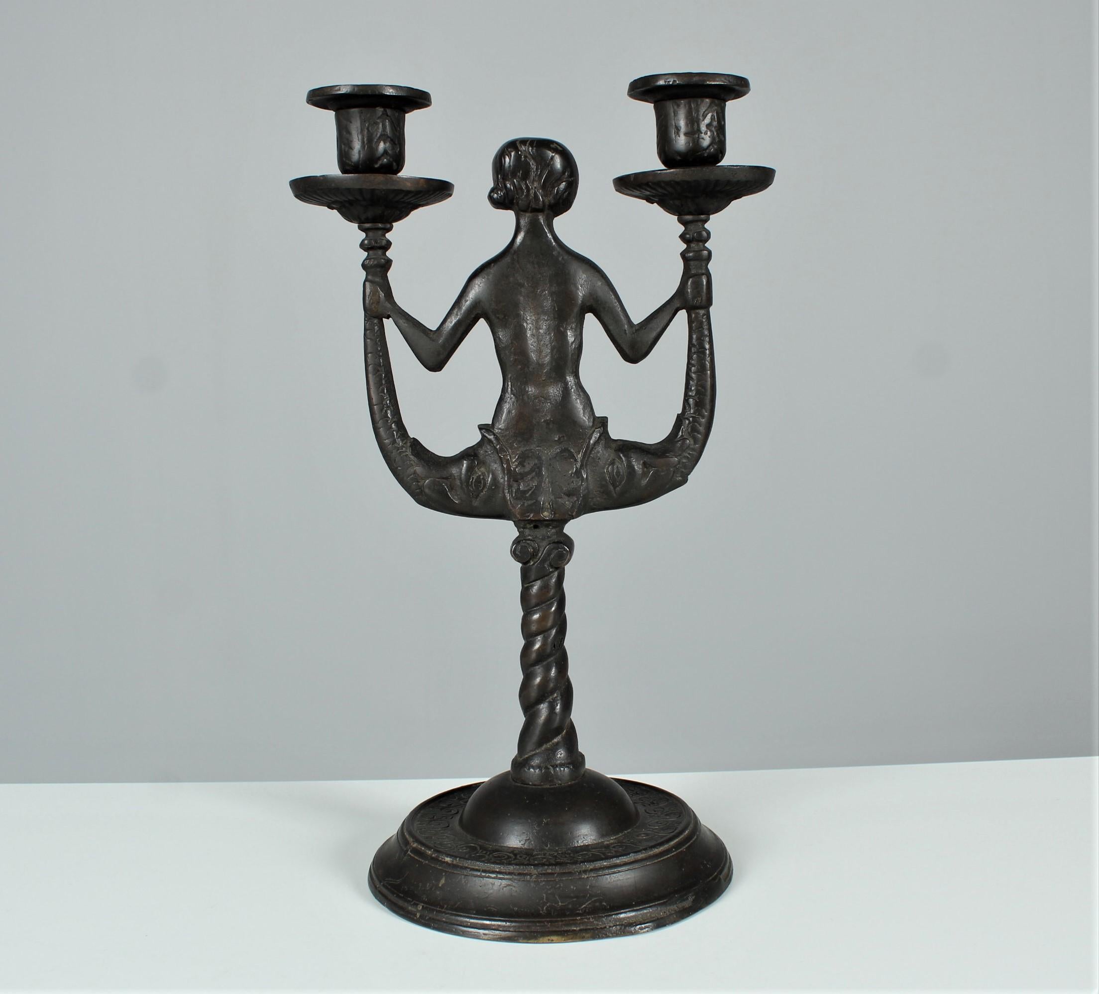 Antiker Kerzenständer, Kerzenständer aus Bronze, patiniert, Jugendstil, Art déco (20. Jahrhundert)