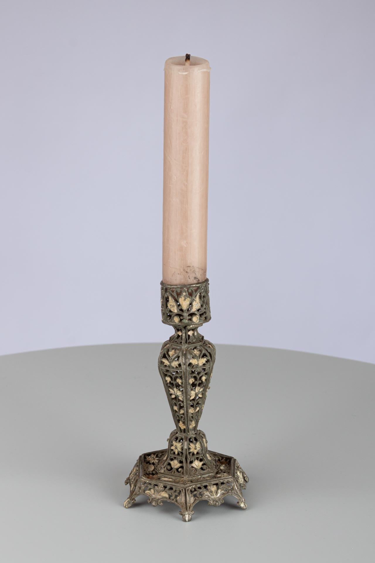 Antique Candlestick made of Open-Worked Pewter Sheet Metal, circa 1900 In Good Condition For Sale In Greven, DE