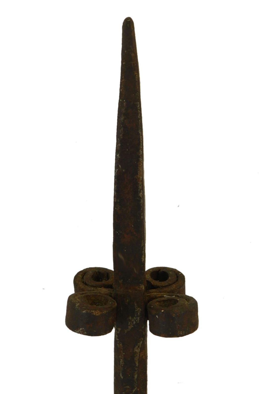 French Provincial Antique Candlestick Primitive Brutalist Hand Forged Iron, French, 17th Century