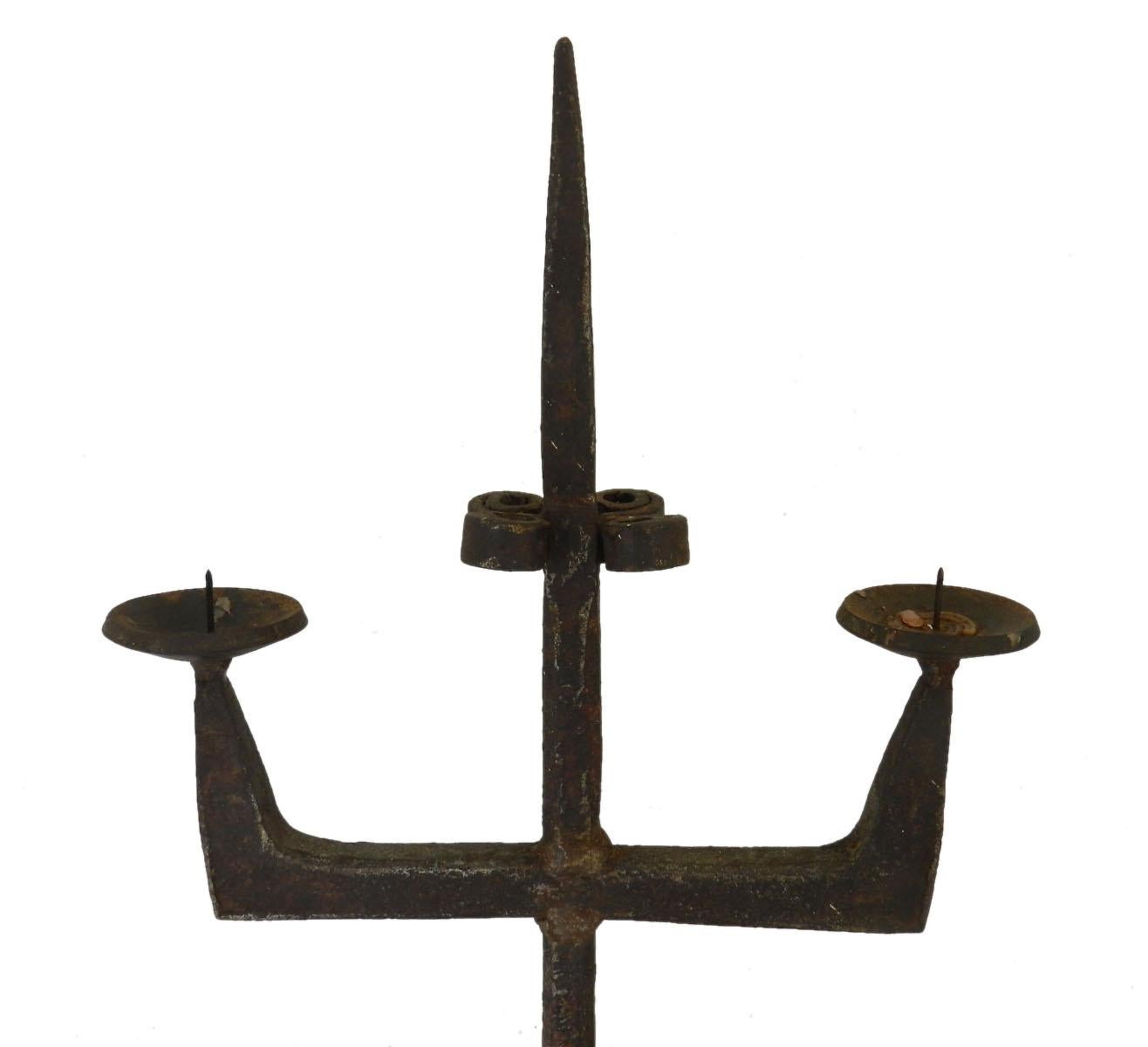 18th Century and Earlier Antique Candlestick Primitive Brutalist Hand Forged Iron, French, 17th Century