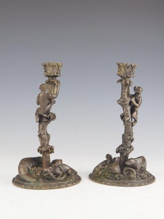 Antique Candlesticks  19th c. Bronze Zoomorphic Pair