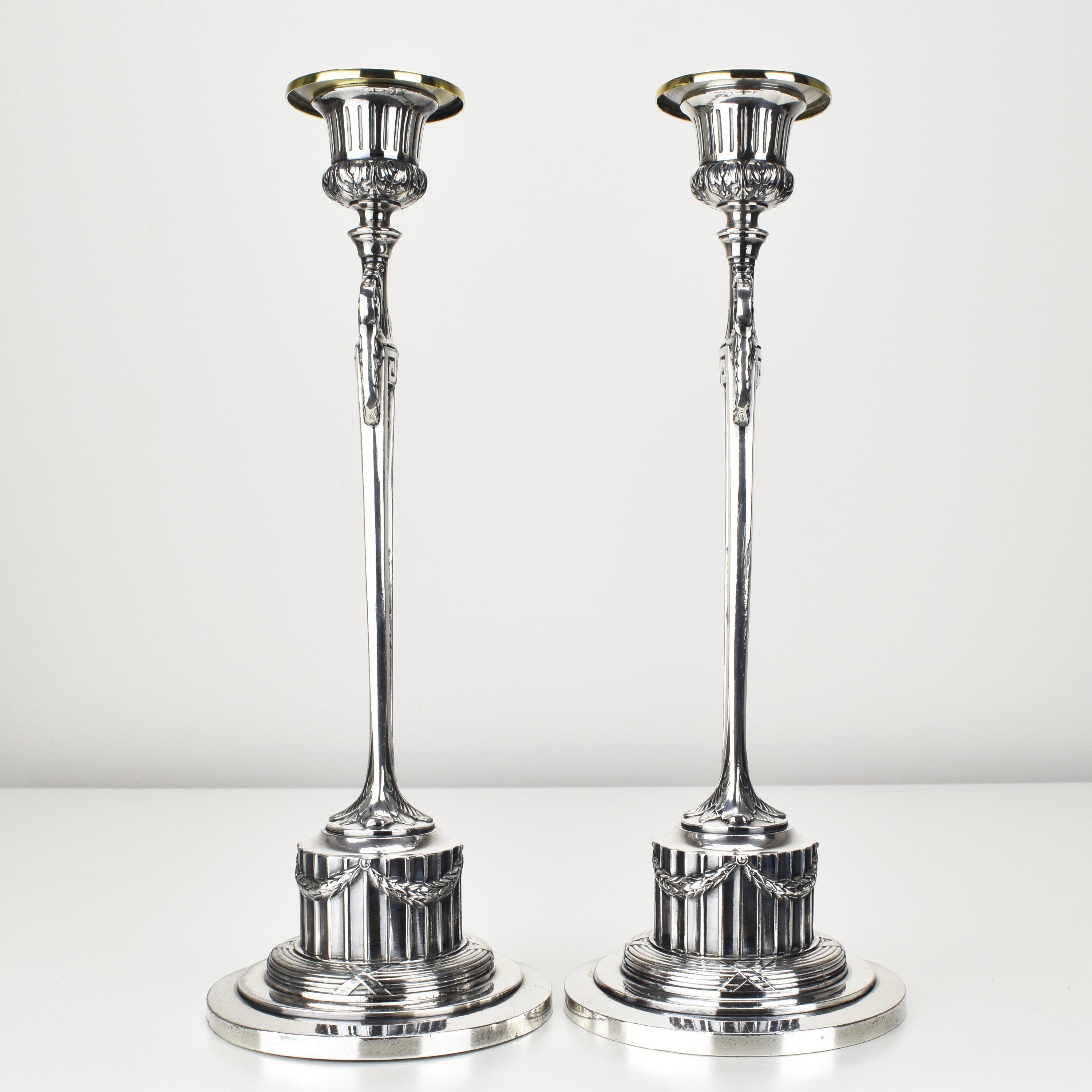 German Antique Candlesticks Empire Pattern by WMF Art Nouveau Silverplated For Sale