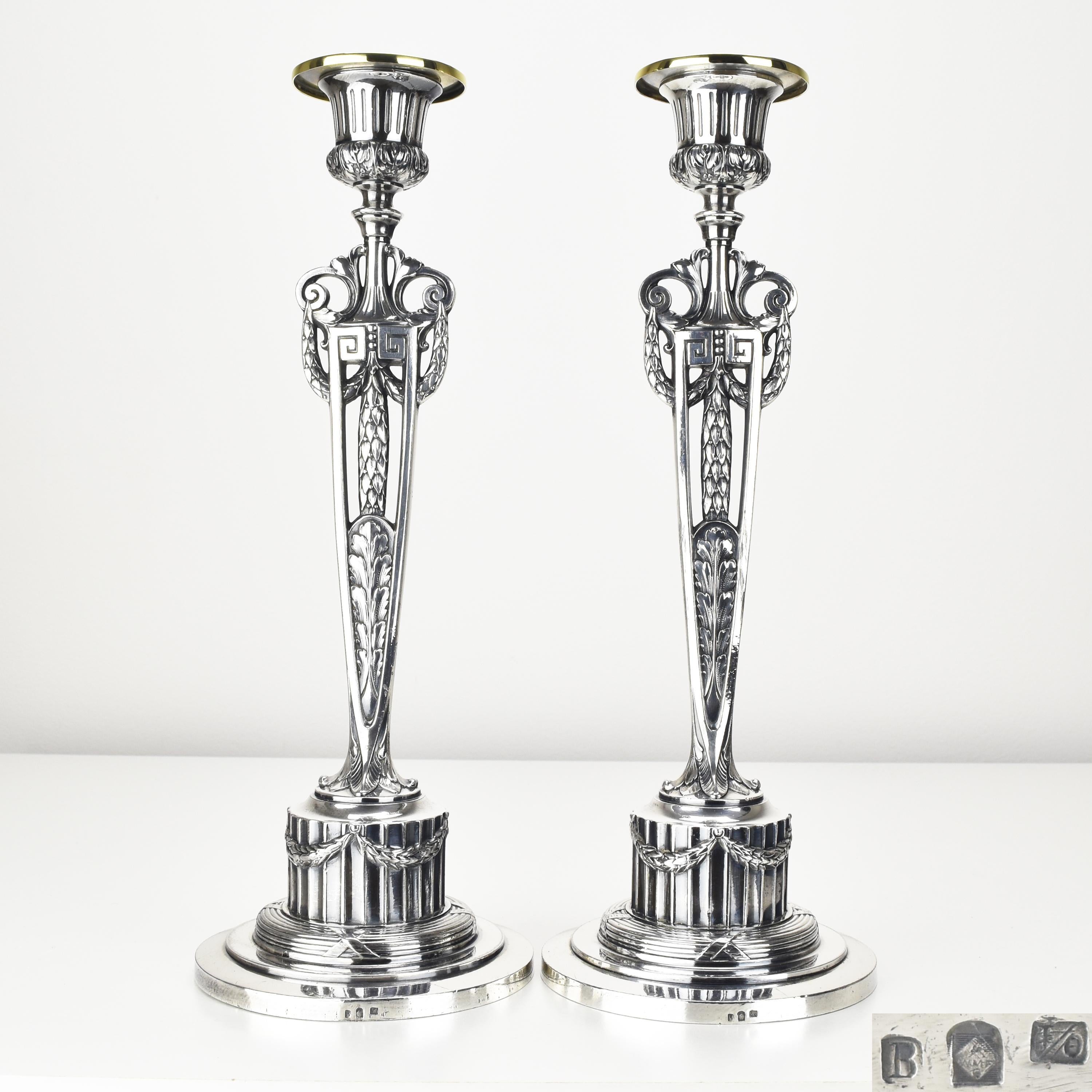 Cast Antique Candlesticks Empire Pattern by WMF Art Nouveau Silverplated For Sale