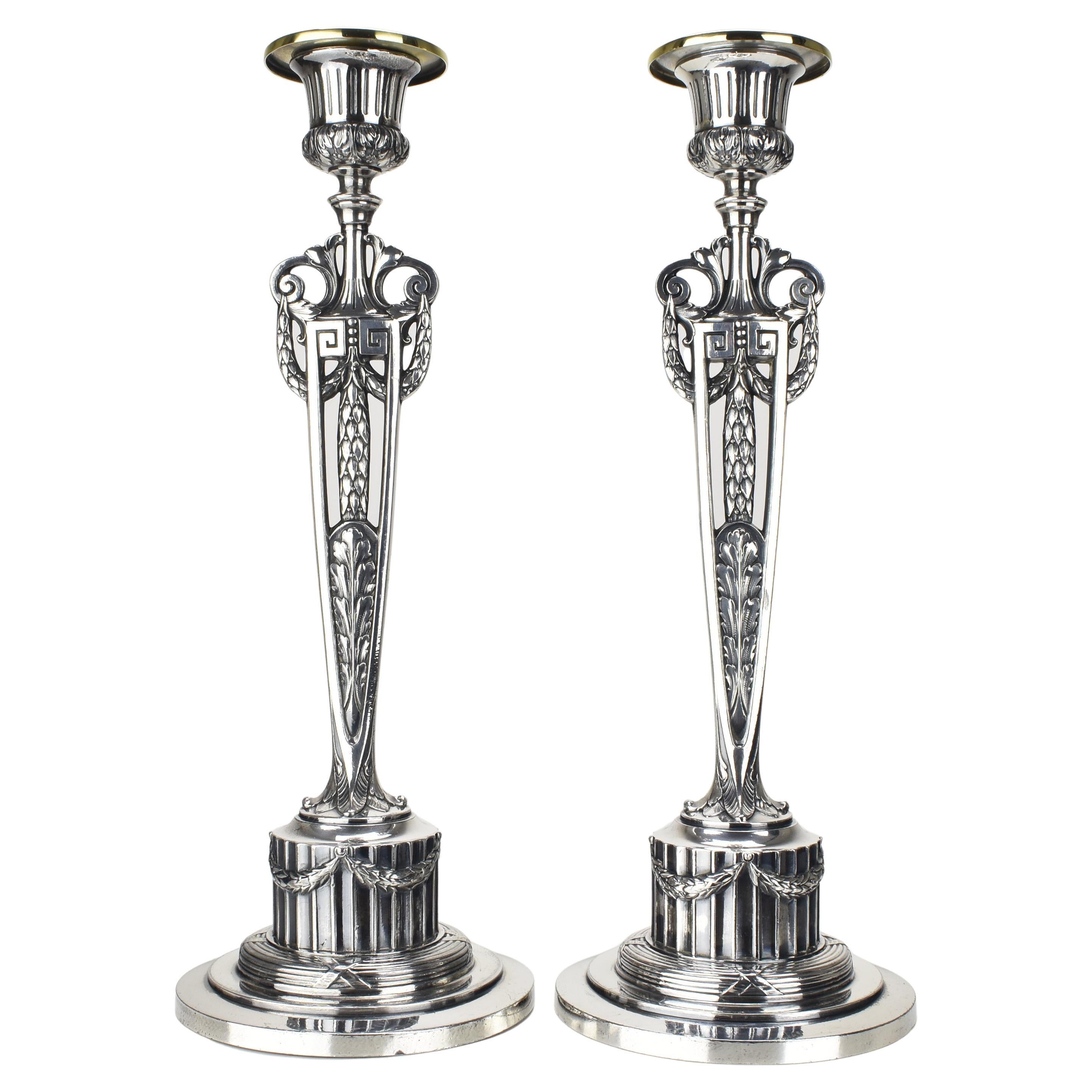 Antique Candlesticks Empire Pattern by WMF Art Nouveau Silverplated For Sale