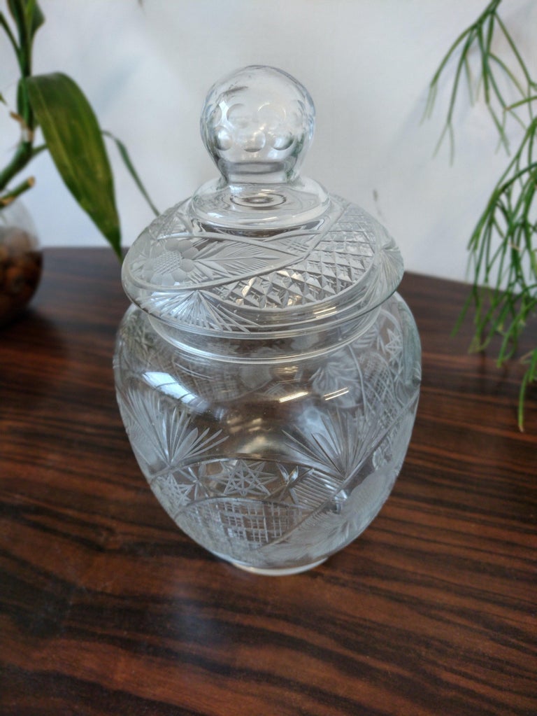 Antique Candy Jar in Carved Glass For Sale at 1stDibs