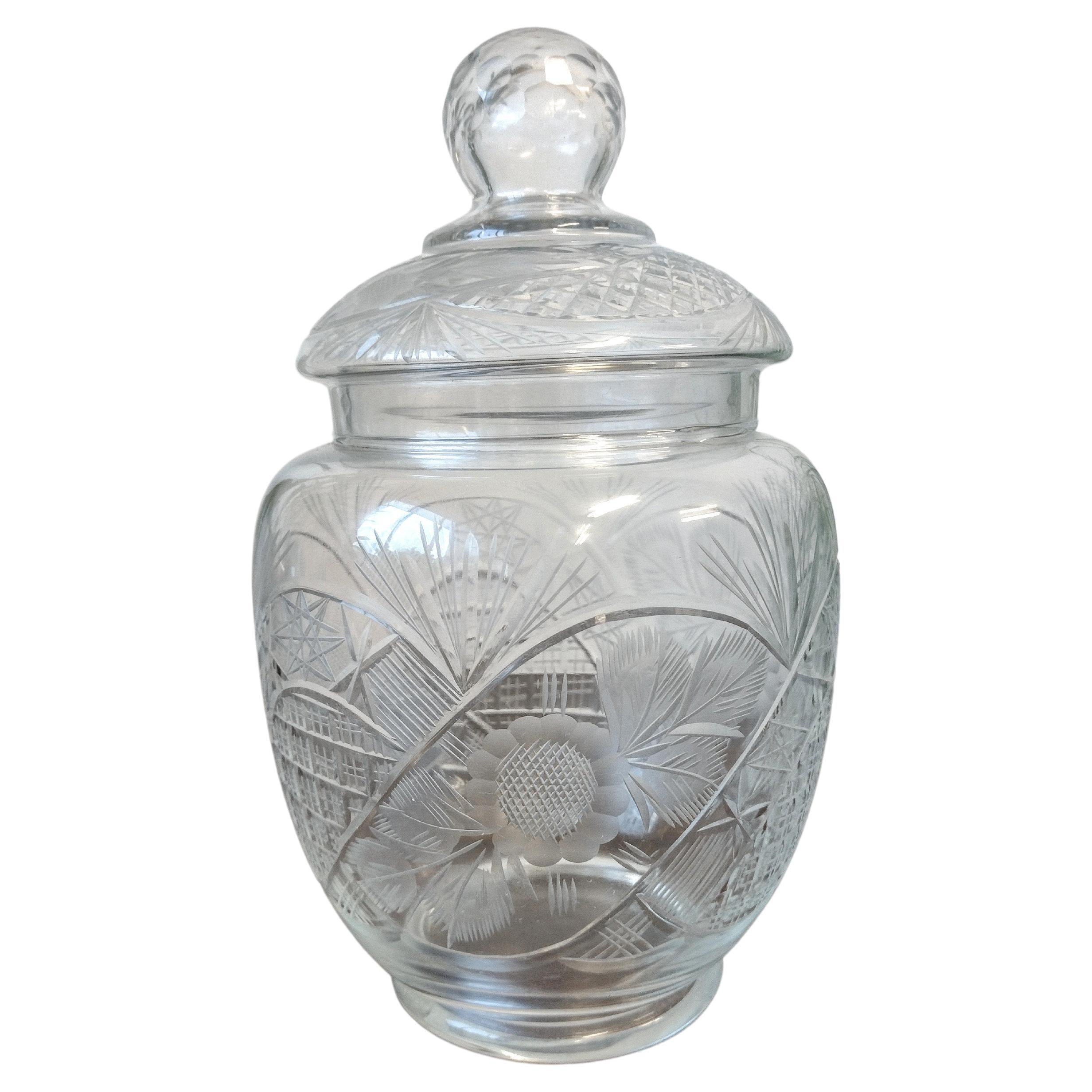 Antique Candy Jar in Carved Glass For Sale at 1stDibs