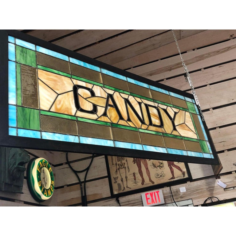 Folk Art Antique Candy Stained Glass Sign For Sale