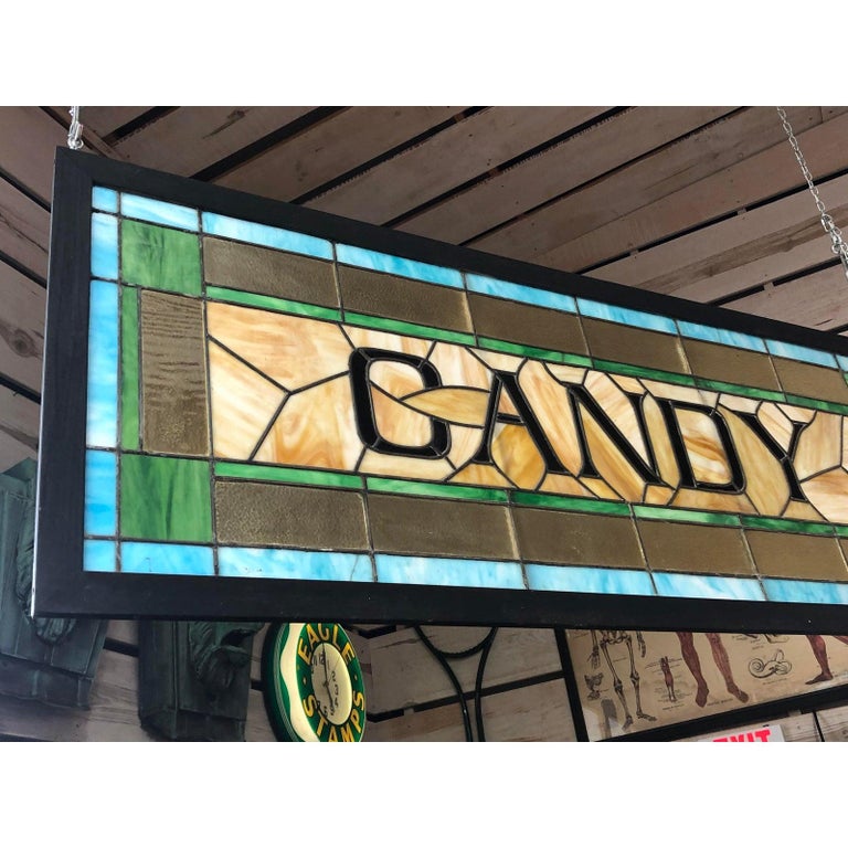 North American Antique Candy Stained Glass Sign For Sale