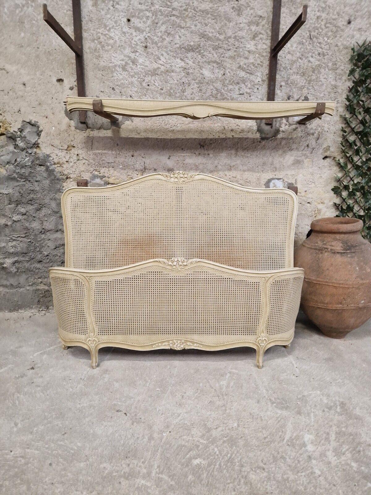 Antique Cane French Bed Corbeille Cream Lacquer Louis XV Style 3