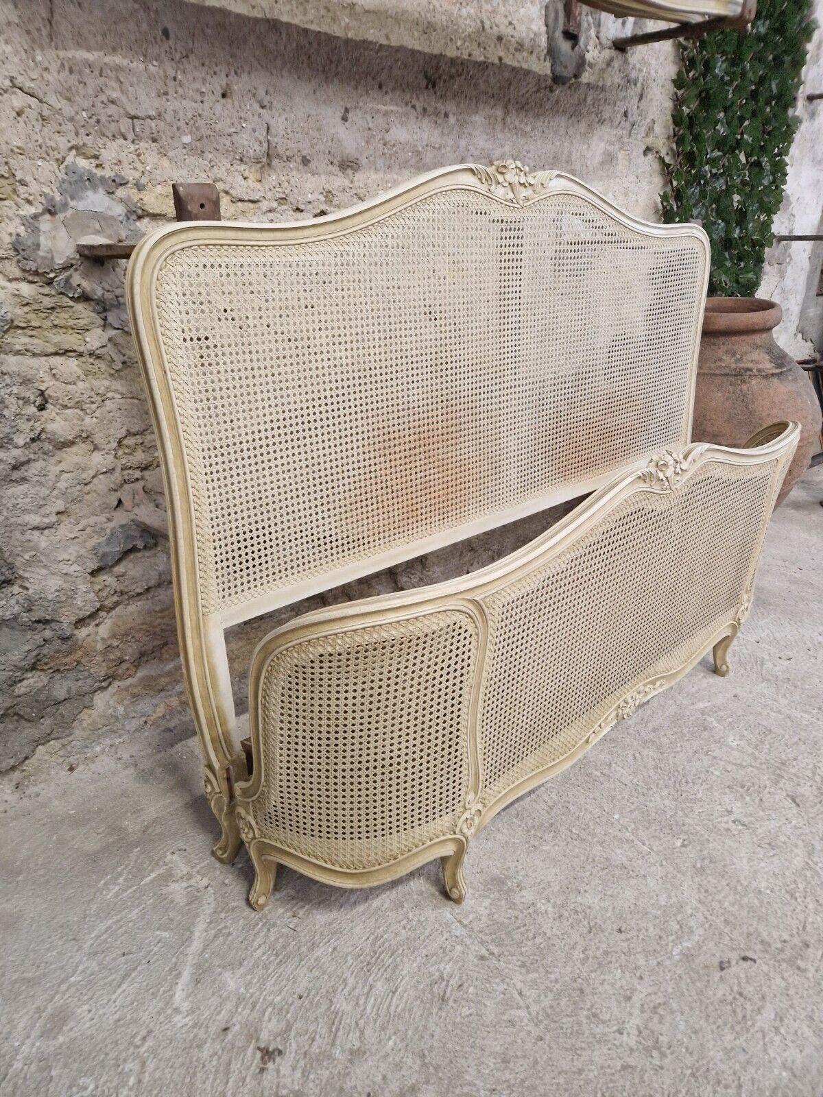 Lacquered Antique Cane French Bed Corbeille Cream Lacquer Louis XV Style
