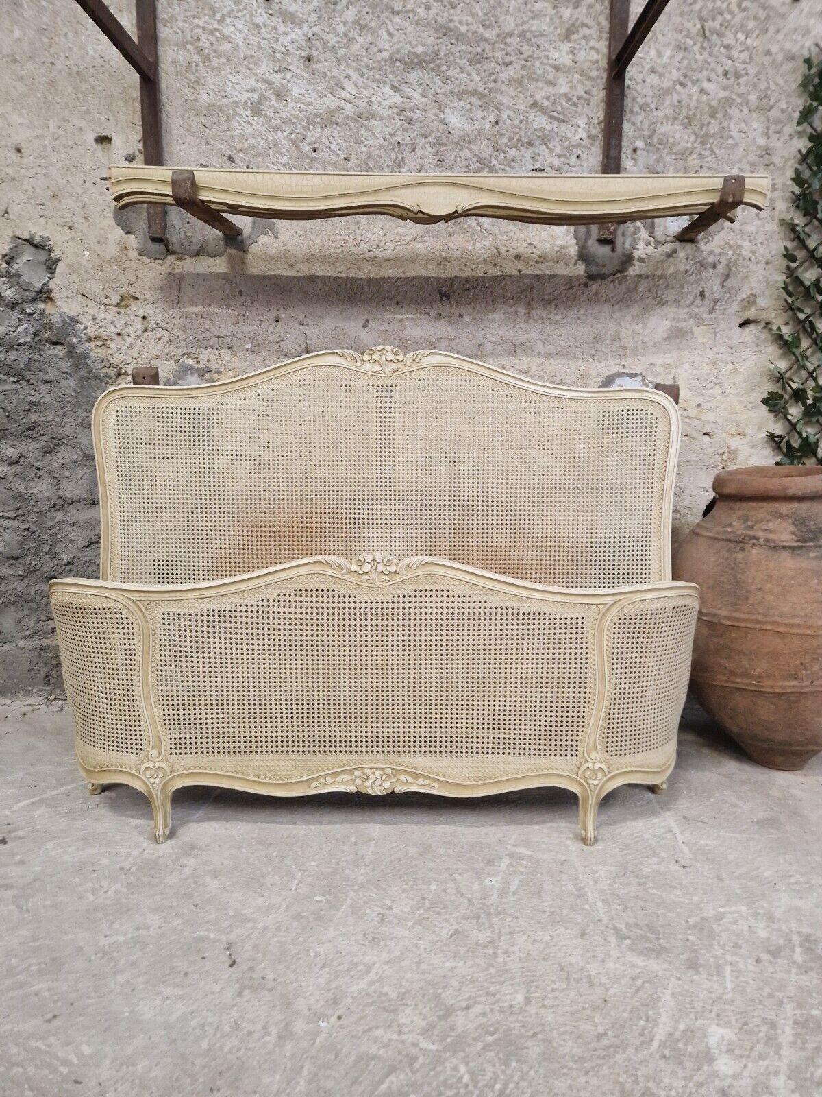 Antique Cane French Bed Corbeille Cream Lacquer Louis XV Style In Good Condition In Buxton, GB